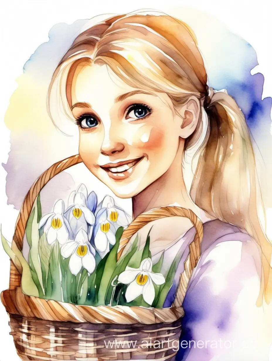 Очень красивая миловидная девушка, улыбка, со светлыми волосами собранными в хвост, с коричневыми глазами, с корзинкой весенних цветов, подснежники, крокусы, солнечная весна, акварель