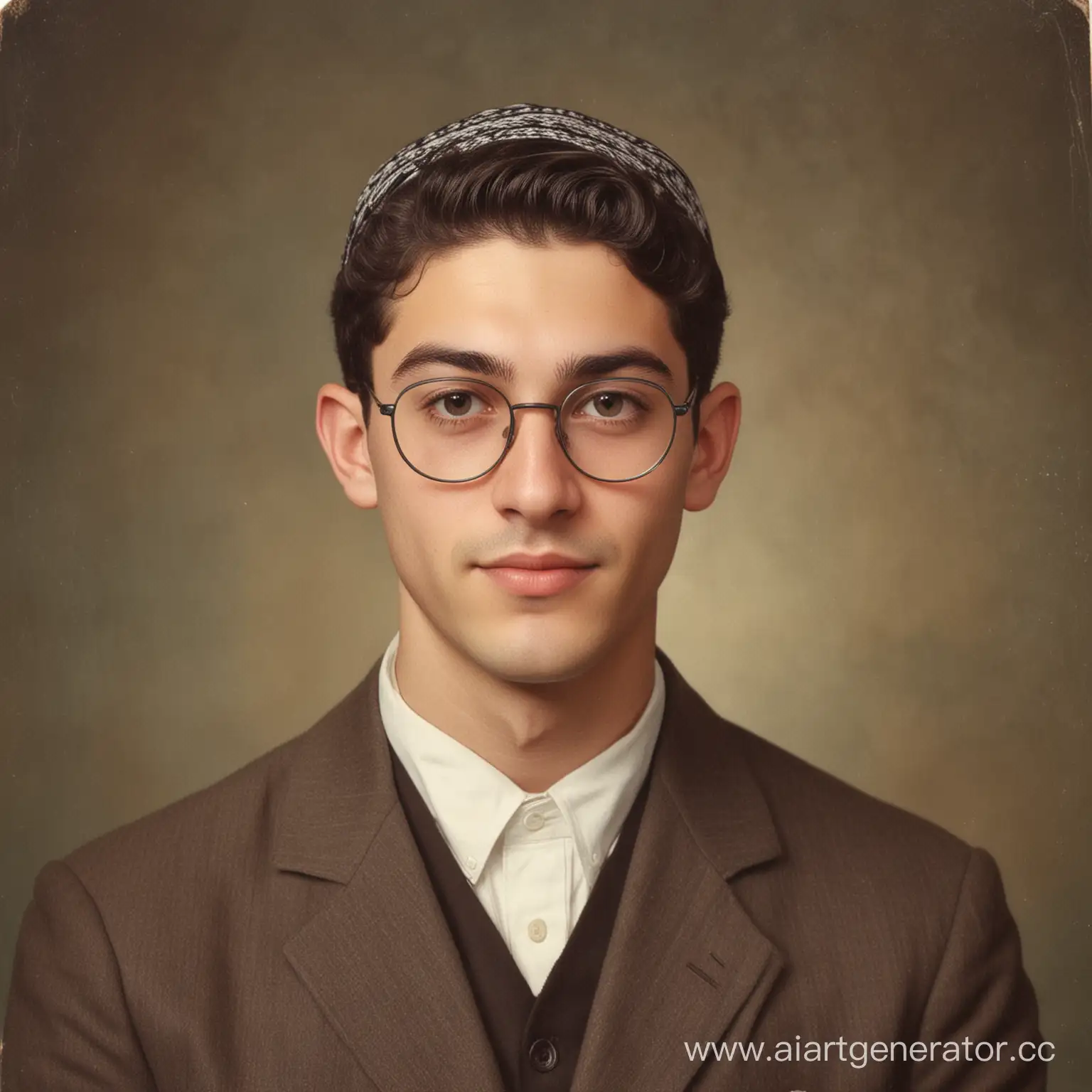 Портрет молодого человека по имени Израиль Фельдман. Еврей, гладко выбрит, волосы уложены на пробор, на голове кипа, на глазах очки.