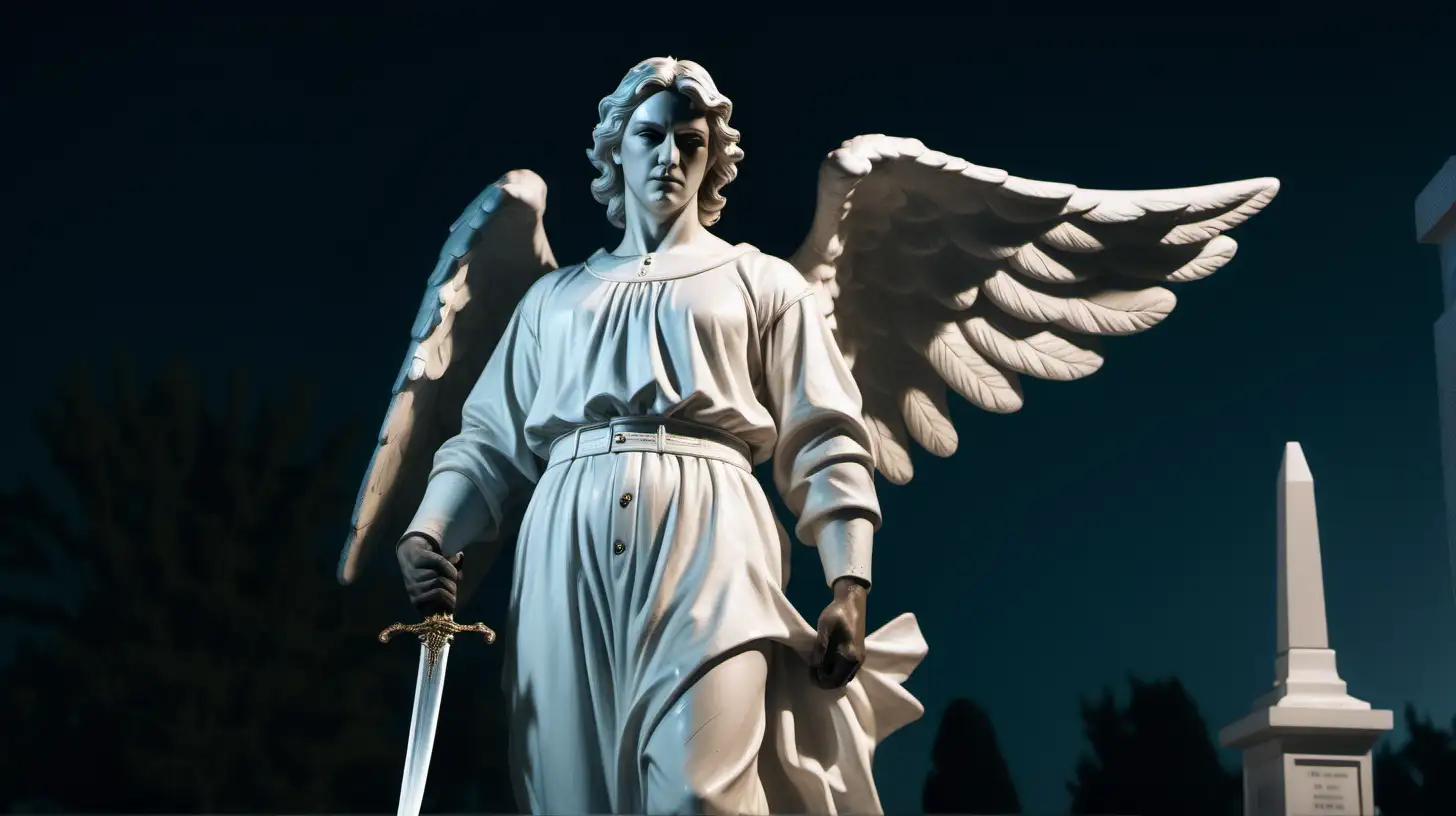 a cinematic scene, ultra realistic, film grain, cinematic color grading,  detailed faces, Rule of Thirds Shot, back shot, dramatic lighting, captured by Canon Cinema EOS, ::40-year-old white male security guard is watching big white angel statue:: big white angel statue is holding sword::, in cemetery at night --no other people