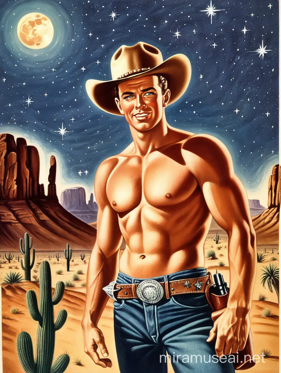 Make me a 1950's poster of a sexy, shirtless cowboy in the desert under a starry sky. 