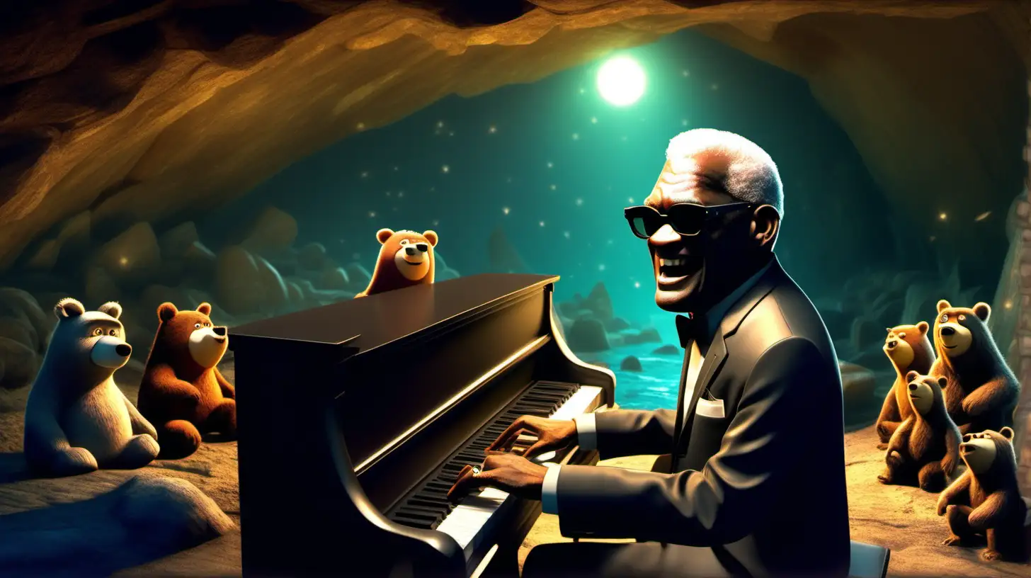 ray Charles in sun glasses playing piano in a cave with bears at night , pixar style , Maya , 32k 