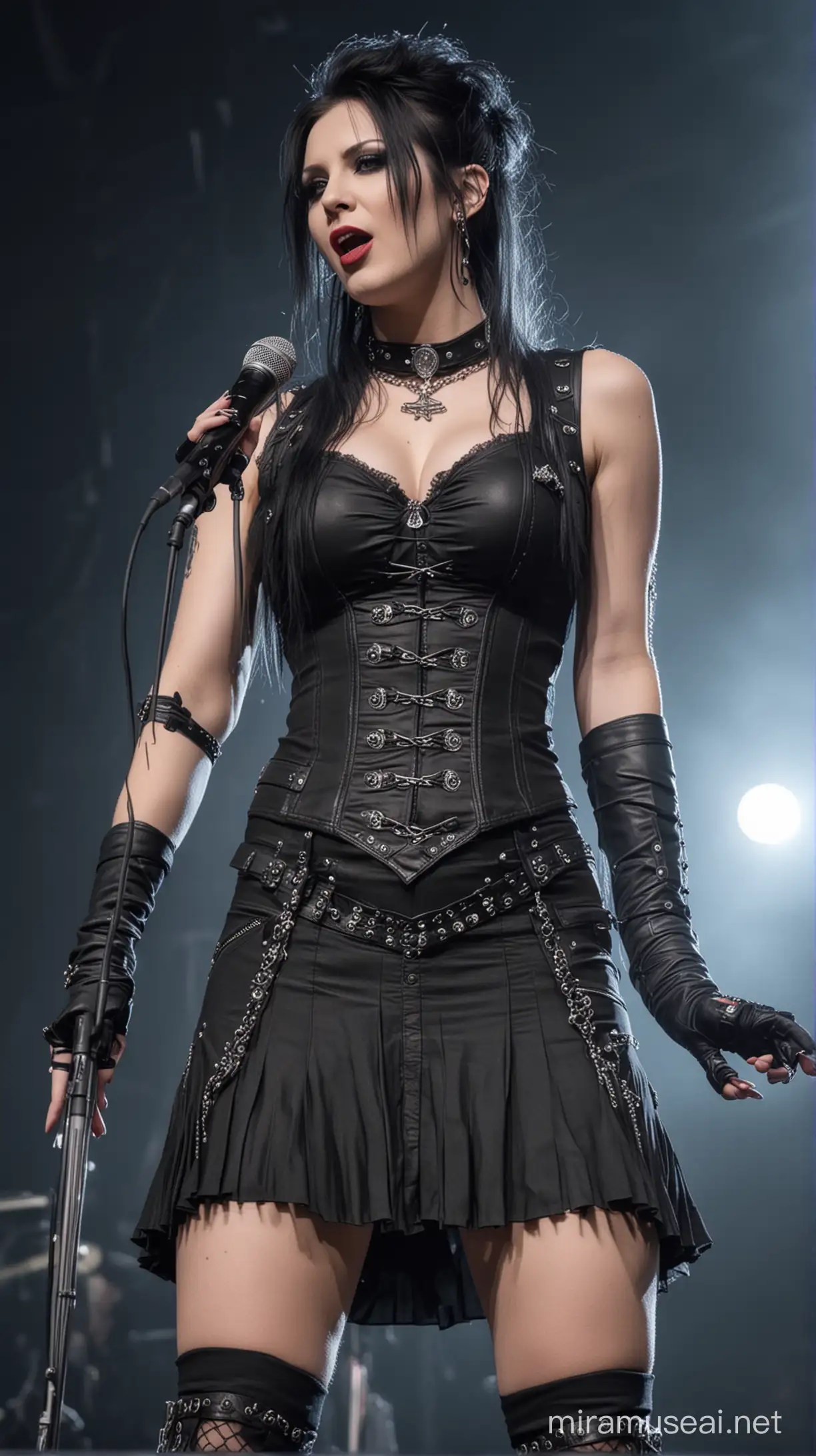 The most beautiful lady rocker, gothic,singing on the stage, cute, beautiful, super big breast, close up, full body