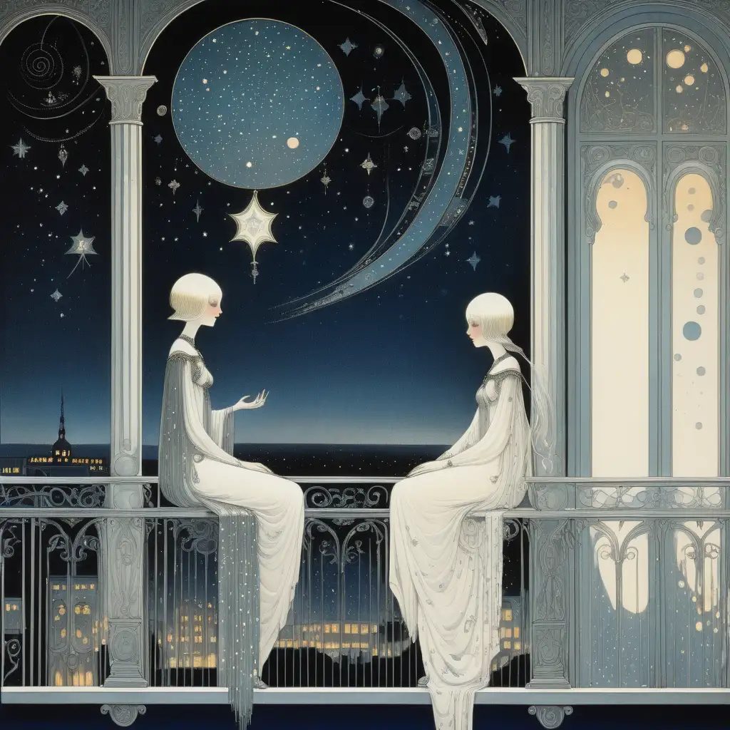 futuristic painting in kay nielsen style of two women sitting on a balcony and watching stars in night sky