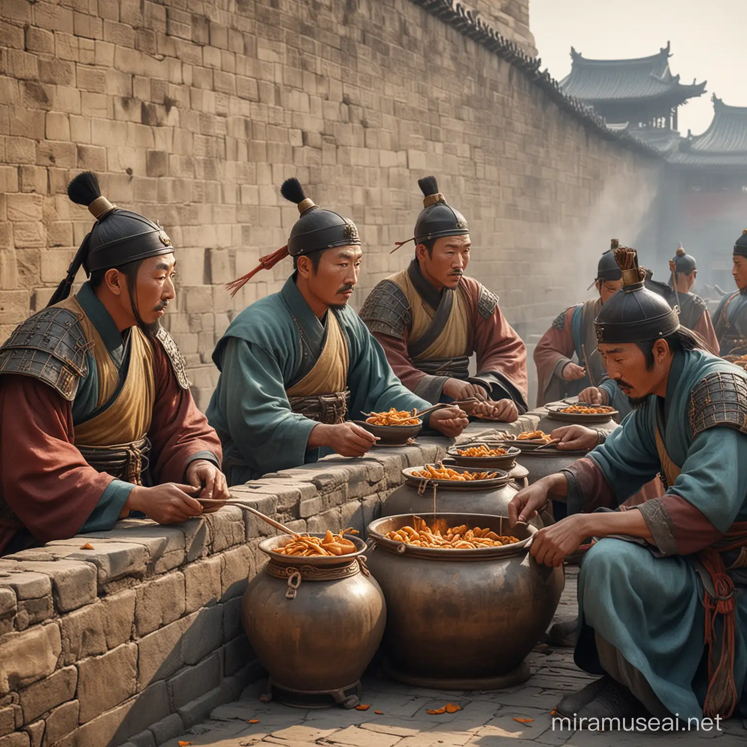 Tang Dynasty General and Soldiers Sharing a Meal on City Wall