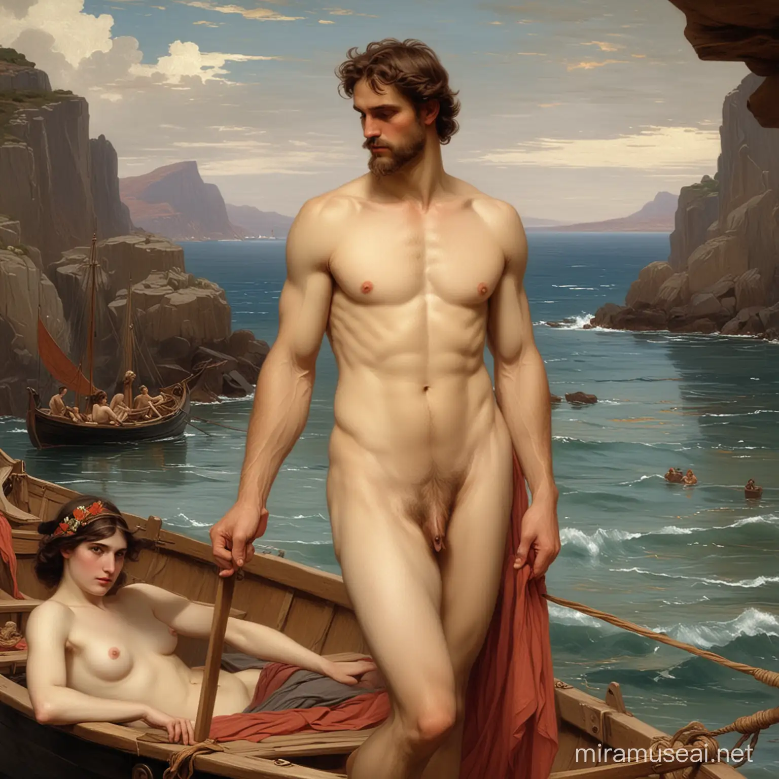 the handsome Odysseus leaving the nude muse Calypso, envisioned in the artistic style of the renowned British painter, Sir John William Waterhouse