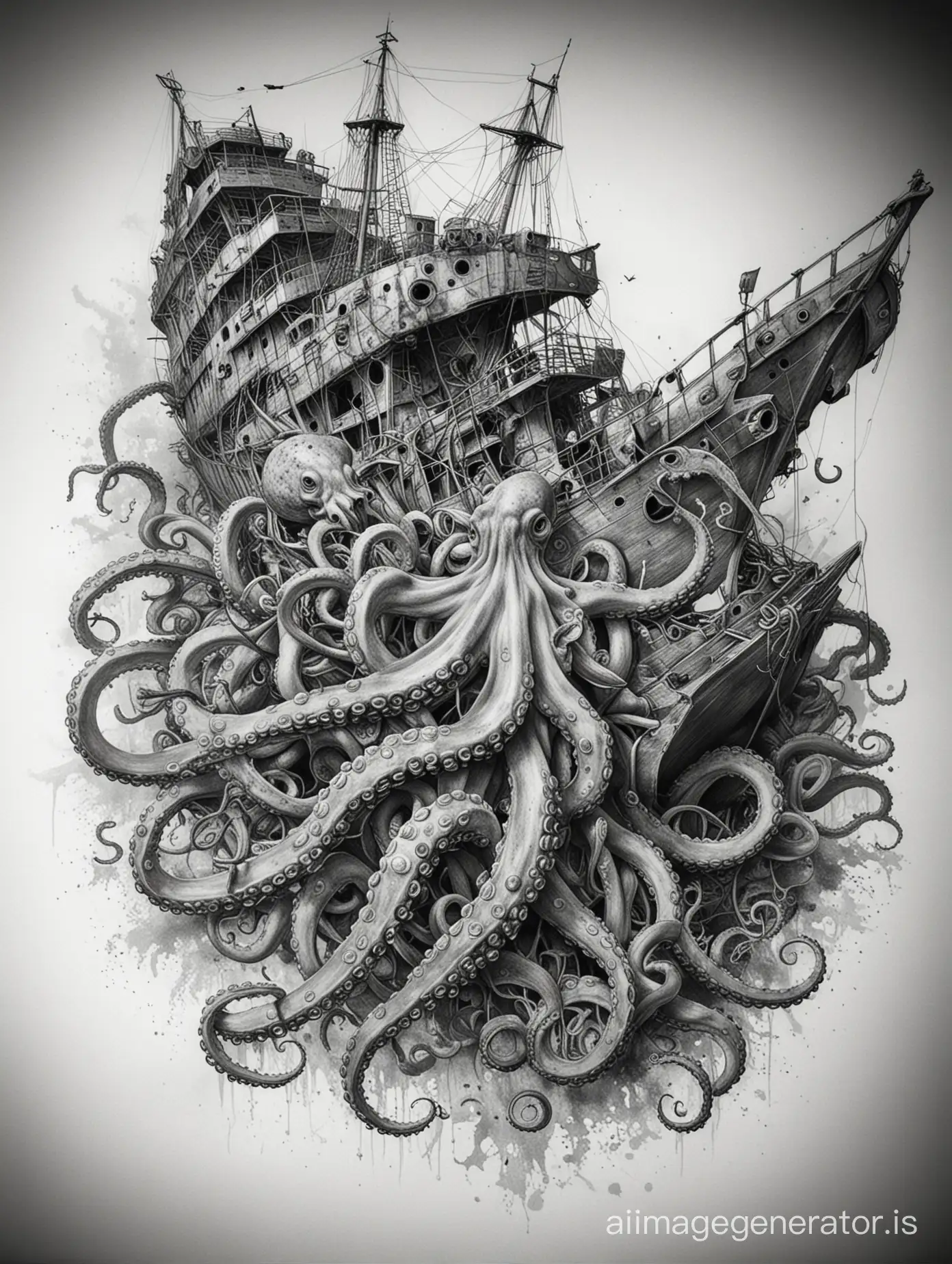 Pencil sketch of Octopus squashed underneath 
a ship wreck, ultra realistic drawing style