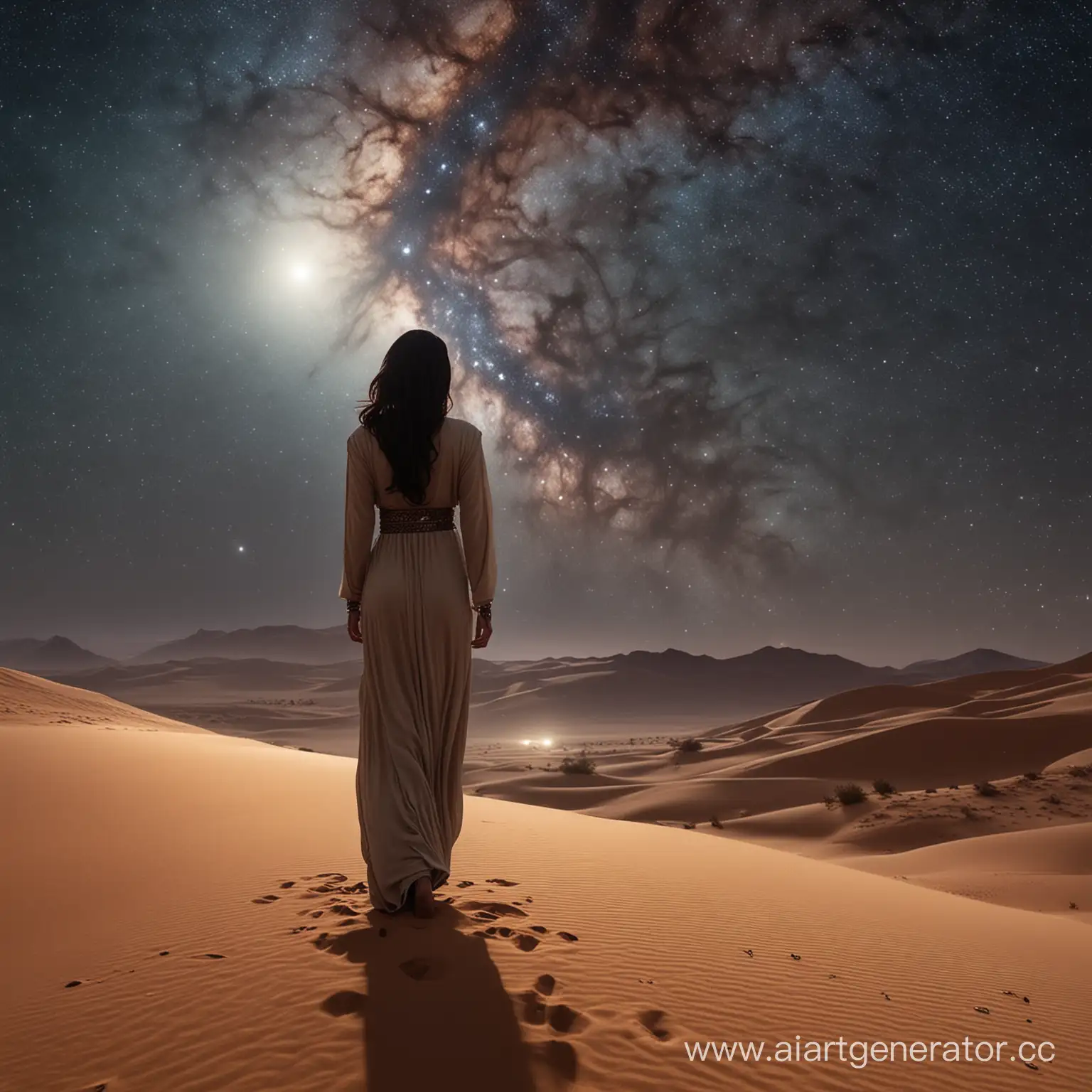 arabian female standing on dune and looking at sky, night, stars, nebula, realistic light