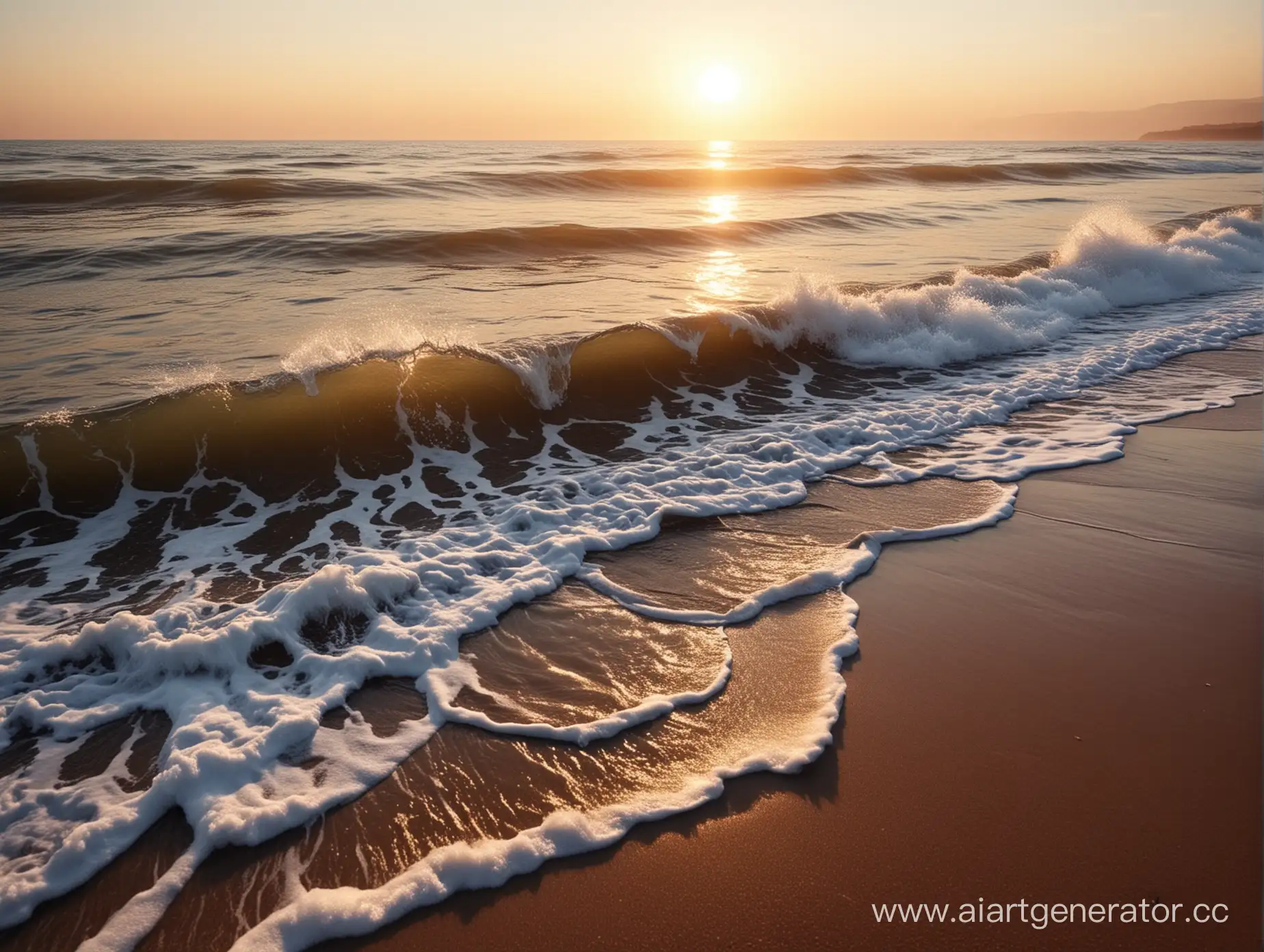 seashore, sea wave, rays of the rising sun, cinematic photo