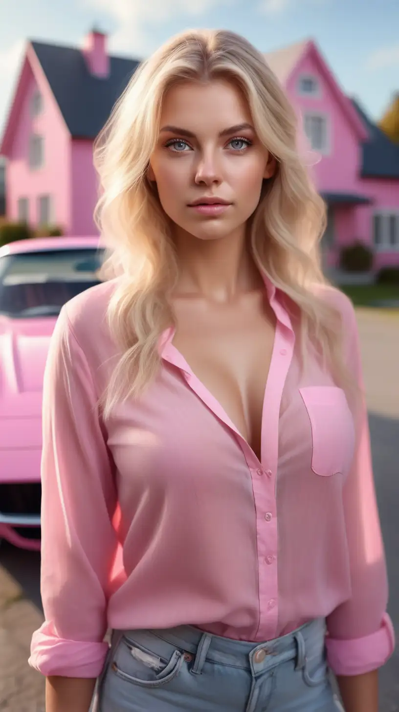 Beautiful Nordic woman, very attractive face, detailed eyes, symmetrical face, big breasts, dark eye shadow, messy blonde hair, wearing an all pink blouse, close up, bokeh background, soft light on face, rim lighting, facing away from camera, looking back over her shoulder, standing in front of the pink house with a pink sports car in the driveway, photorealistic, very high detail, extra wide photo, full body photo, aerial photo