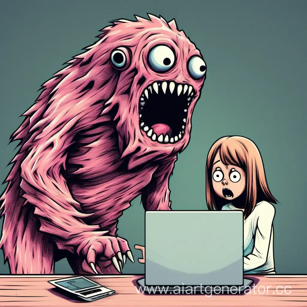 Fearful-Girl-Confronting-the-Laptop-Monster