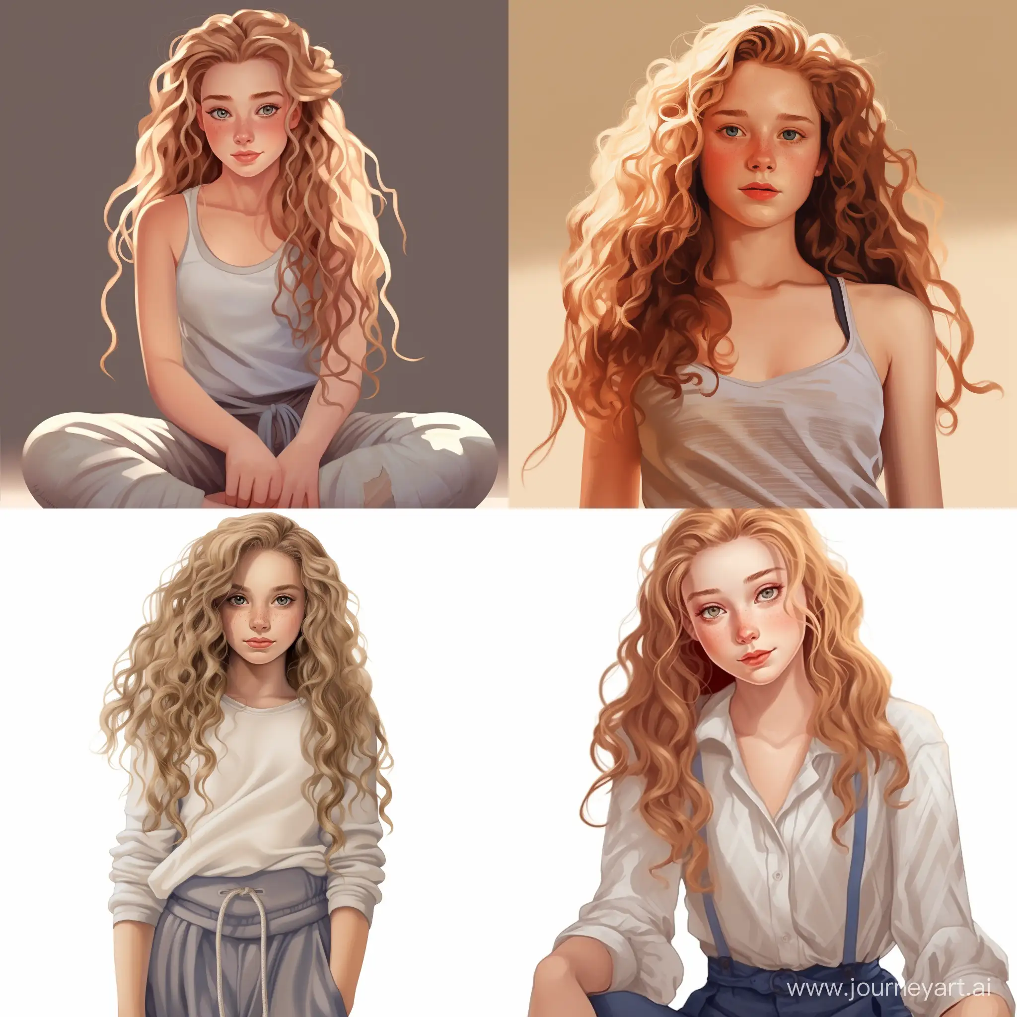 Beautiful girl, golden hair, gray-blue eyes, snow-white skin, teenager, in a top and breeches, summer, cute, cozy, high quality, high detail, cartoon art