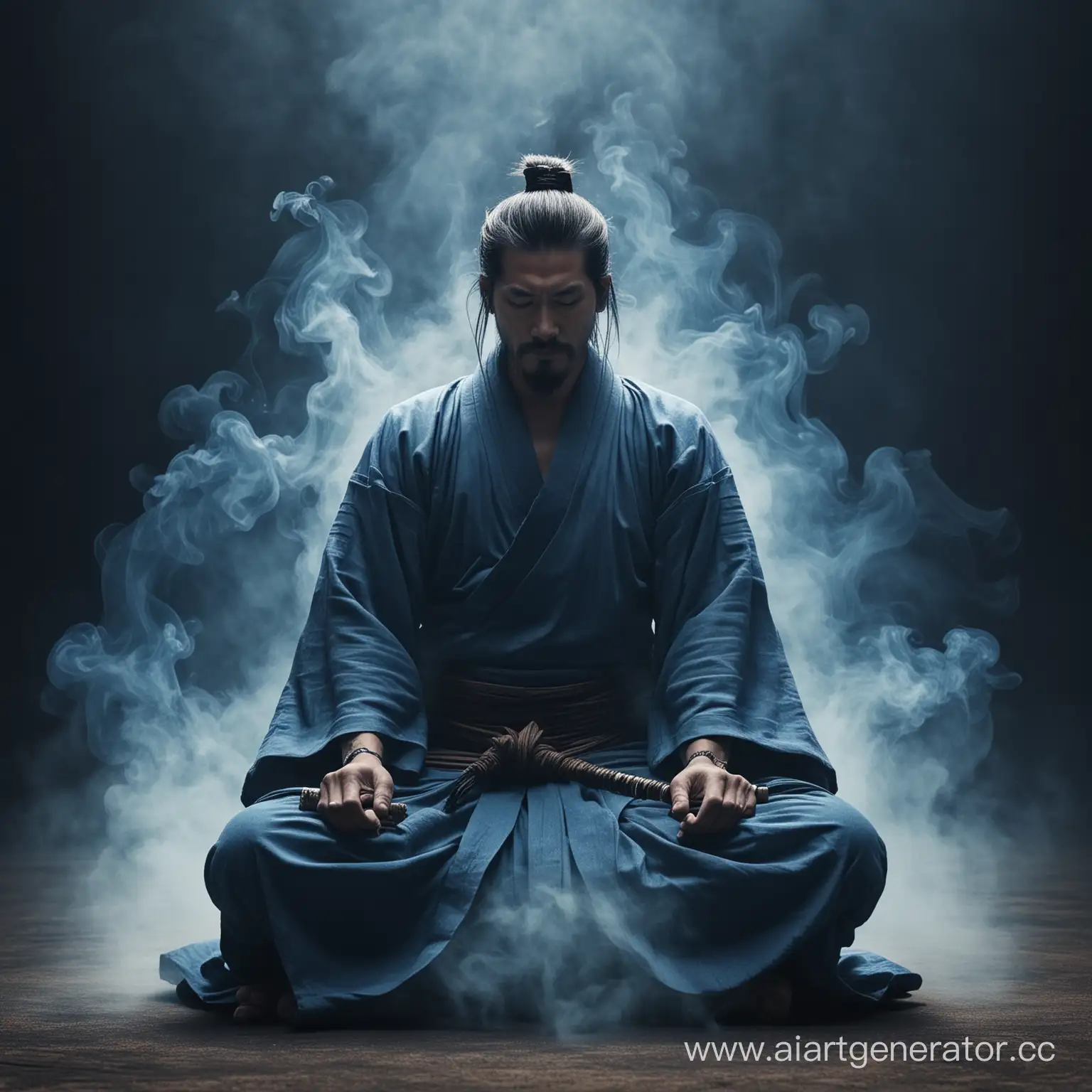 Samurai-Meditating-Amidst-Smoky-Ambiance-with-Blue-Hues