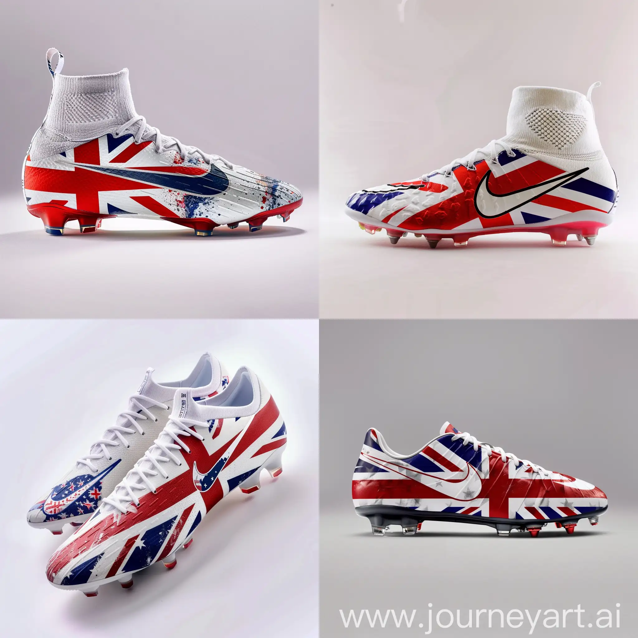 Nike Soccer Boots English Flag Design, Simple White Background, Product Photography, Catalog Pose, High Precision
