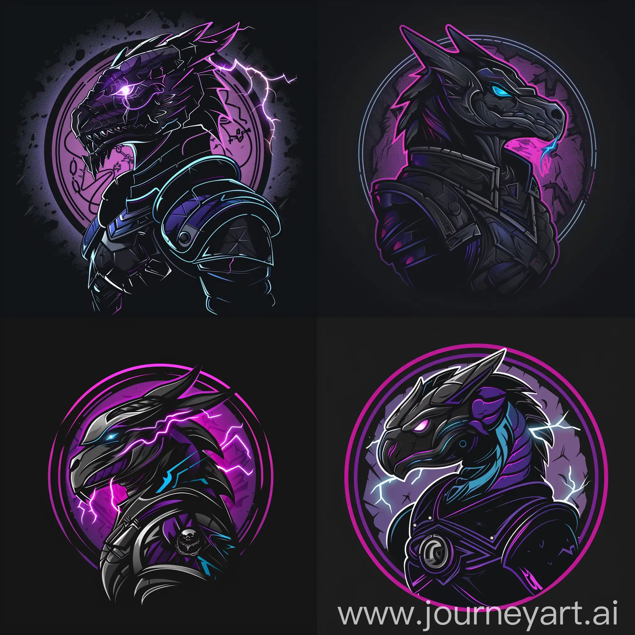 emblem logo, cyberpunk style, humanoid dragon wearing knight armor, black background with light purple ancient seal, vector art, flat design, dark purple, blue, black, magenta, side profile, lightning eyes