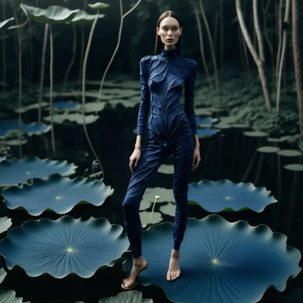 A tall female model, standing straight, standing on a lotus flower leaf, wearing a dark blue hiking body suit, made of a material that has a 3D texture of mycelium structures, wearing sleek shoes, shot in the style of a vogue editorial