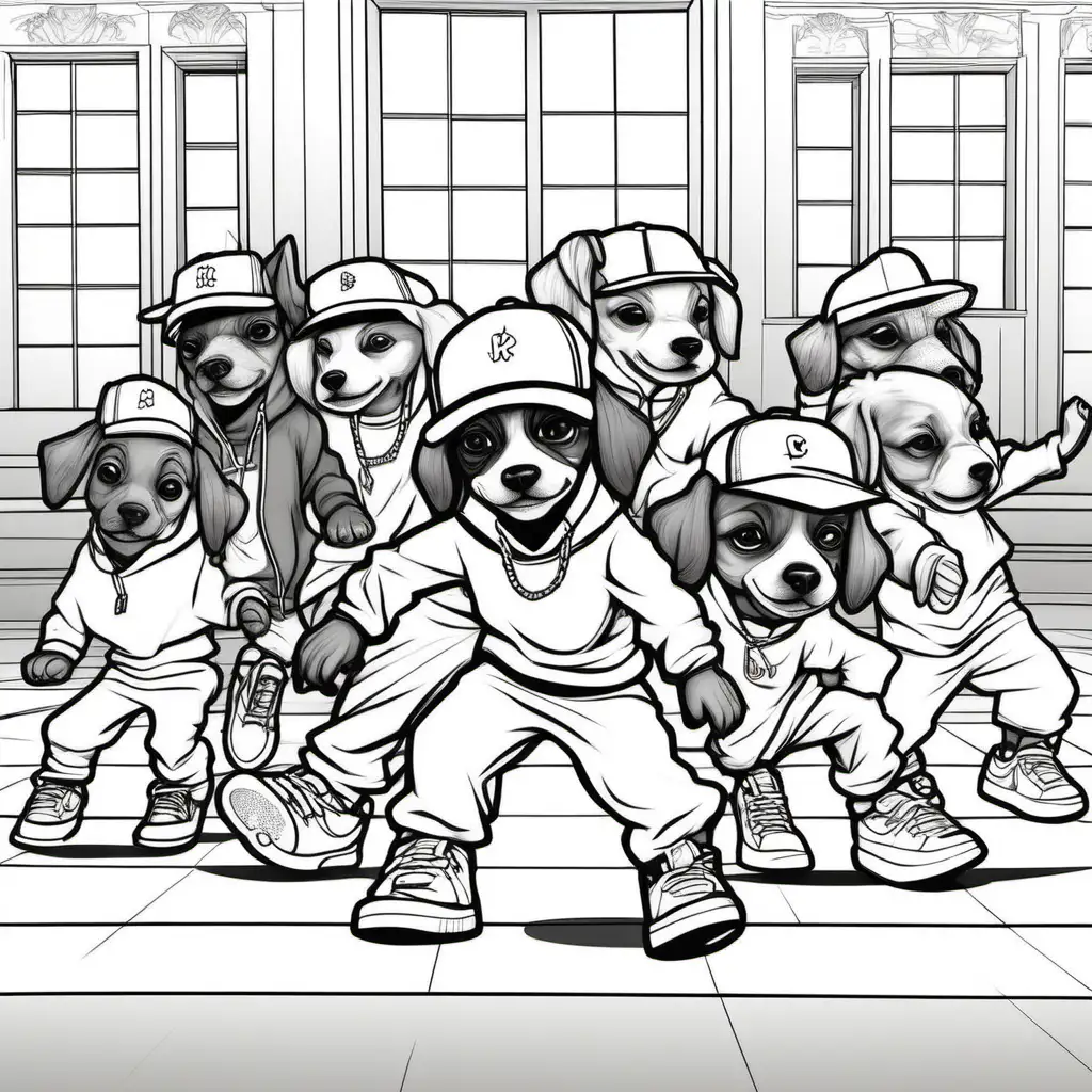 two groups of cute Hip Hop female puppies with hats sneakers break dancing with children in city hall, clear lines no shading, coloring pages 