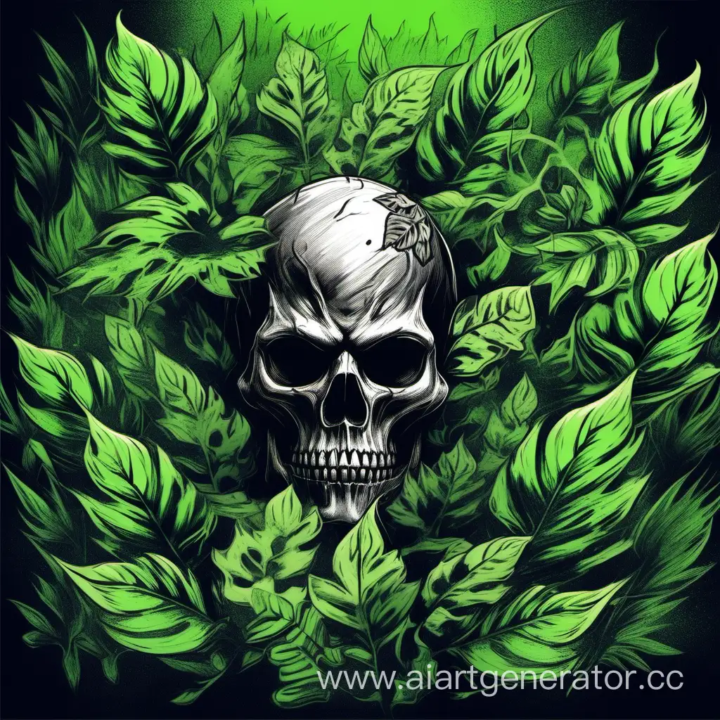 Скетч черный череп в окружении зеленых листьев монстеры