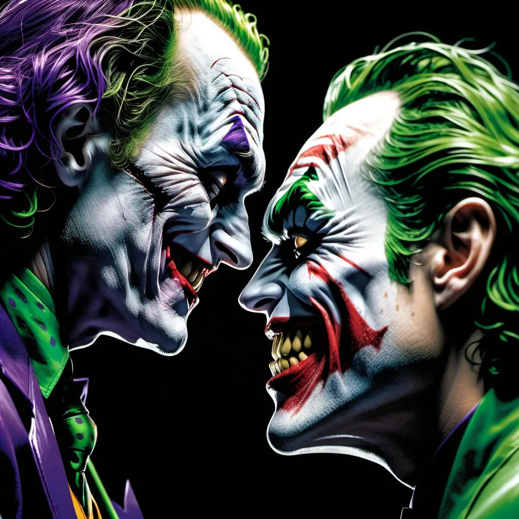 Obraz przekazuje intensywność sceny, przedstawiając jokera i Batmana w głębokim uścisku. Joker, o białym makijażu i nienaturalnie szerokim uśmiechu, unosi twarz ku twarzy Batmana. Widać każdy detal jokera - od mocno zarysowanych, zielonych oczu pełnych szaleństwa, przez szkliste spojrzenie, aż po zaciśnięte zęby oraz wyraz utarczki w jego szalonej minie.
Ich twarze układają się w czuły pocałunek, a usta jokera są wyjątkowo bliskie do ust Batmana. Widać na nich cienia purpury z jego charakterystycznego ustnika. Światło padające na ich twarze odsłania najdrobniejsze szczegóły: linie na skórze, zarost Batmana, ultra realistyczne 8k
