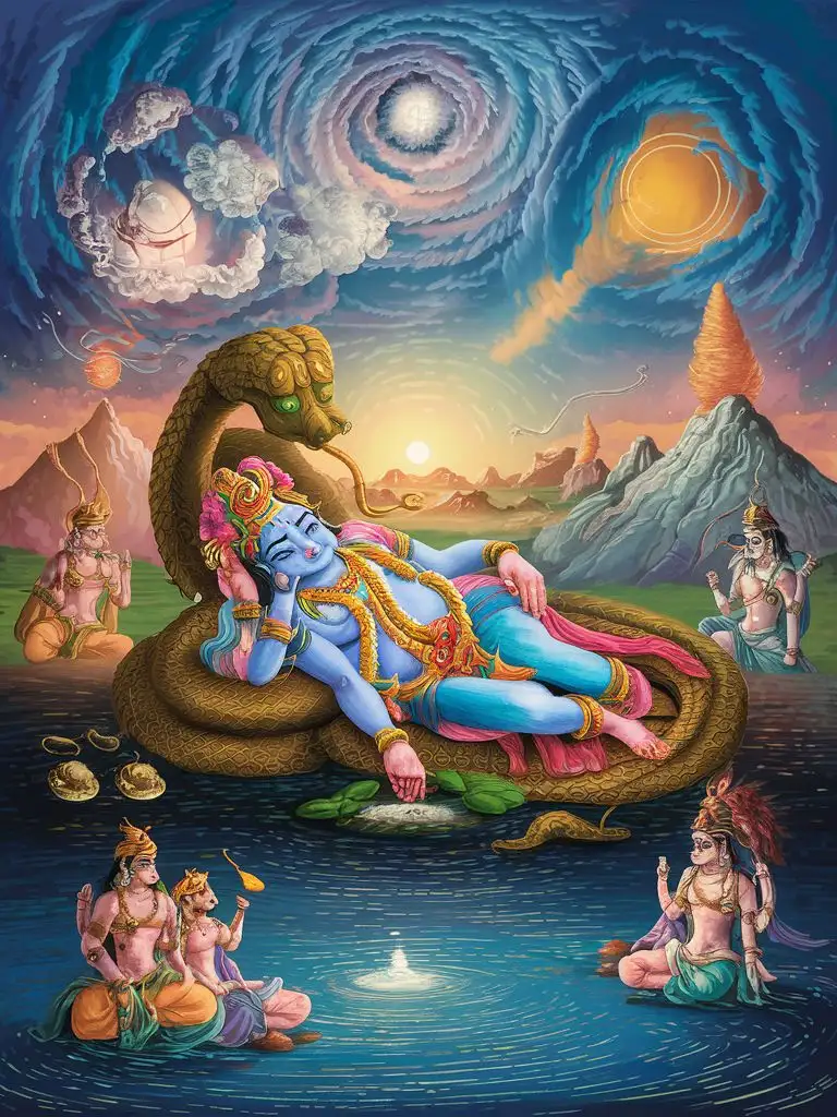 Illustrate the creation myths described in the Vishnu Purana, depicting the emergence of elements like the sky, ocean, sun, mountains, and celestial beings.