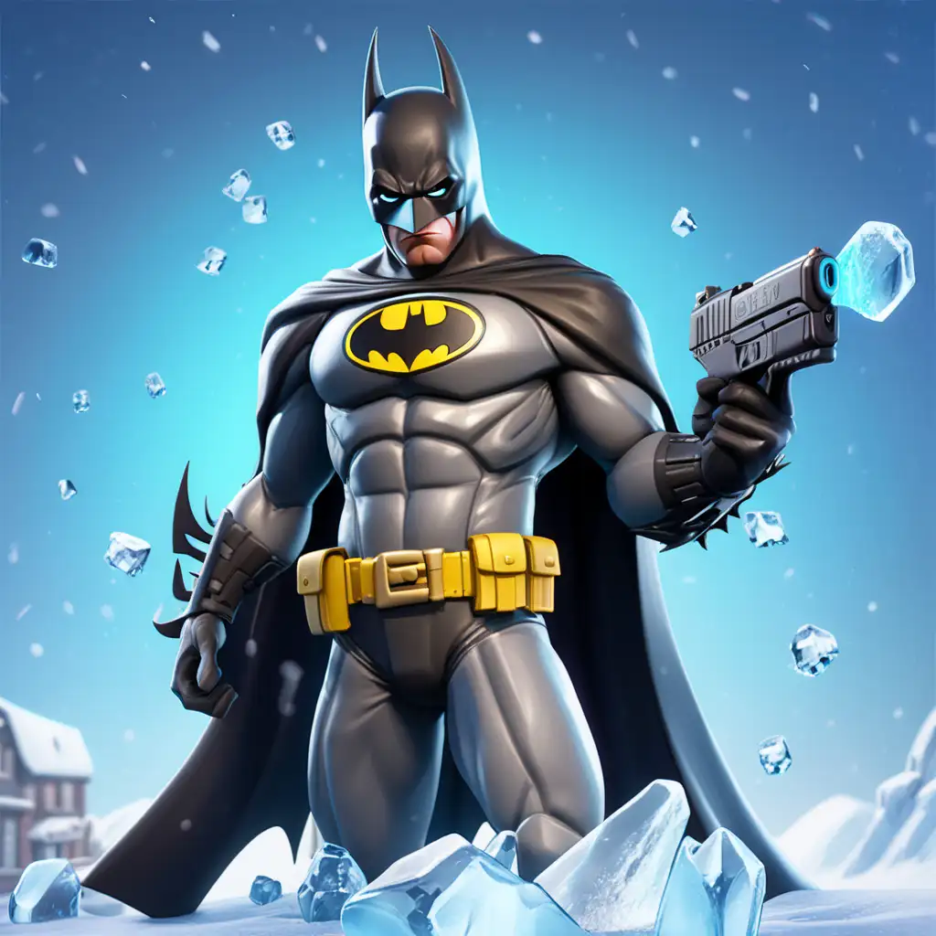 I need a Fortnite style of Batman with a Freeze Gun and icy background

