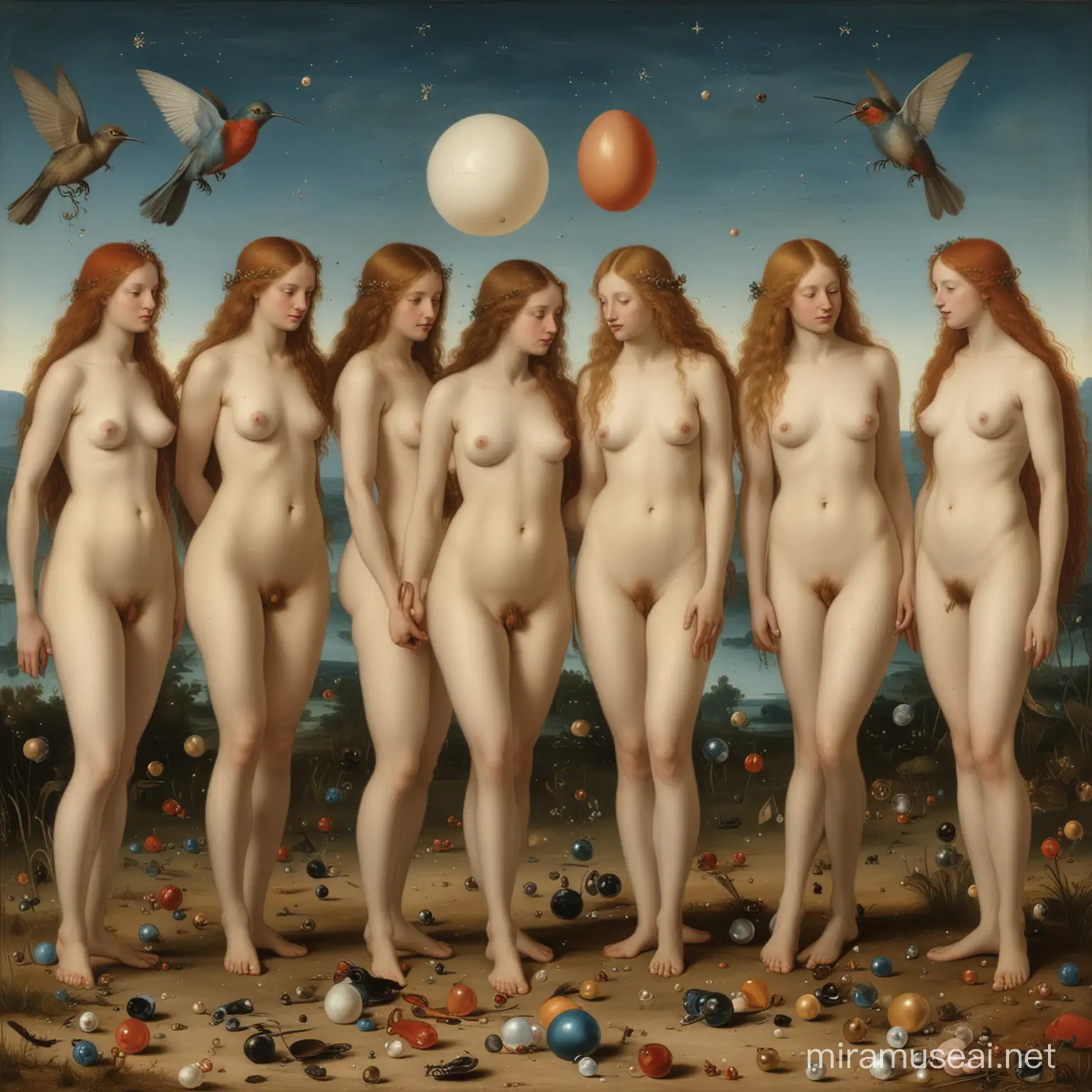 Hyeronimus Bosch paints beautiful seven naked young women with long hair of different color. Above t deep clear sky is full of giant blue, red , golden colibri. On the ground there are giant round and egg shaped white pearls