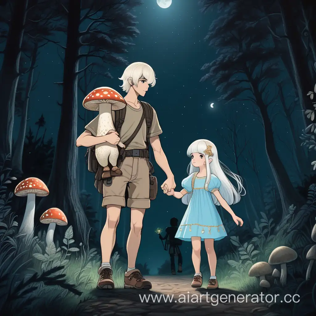 A tall adult mushroom boy, with short dark hair, strict in hiking clothes, handsome, holding the hand of a small mushroom girl with long white hair in a dress, a princess, walking in a dark forest at night
