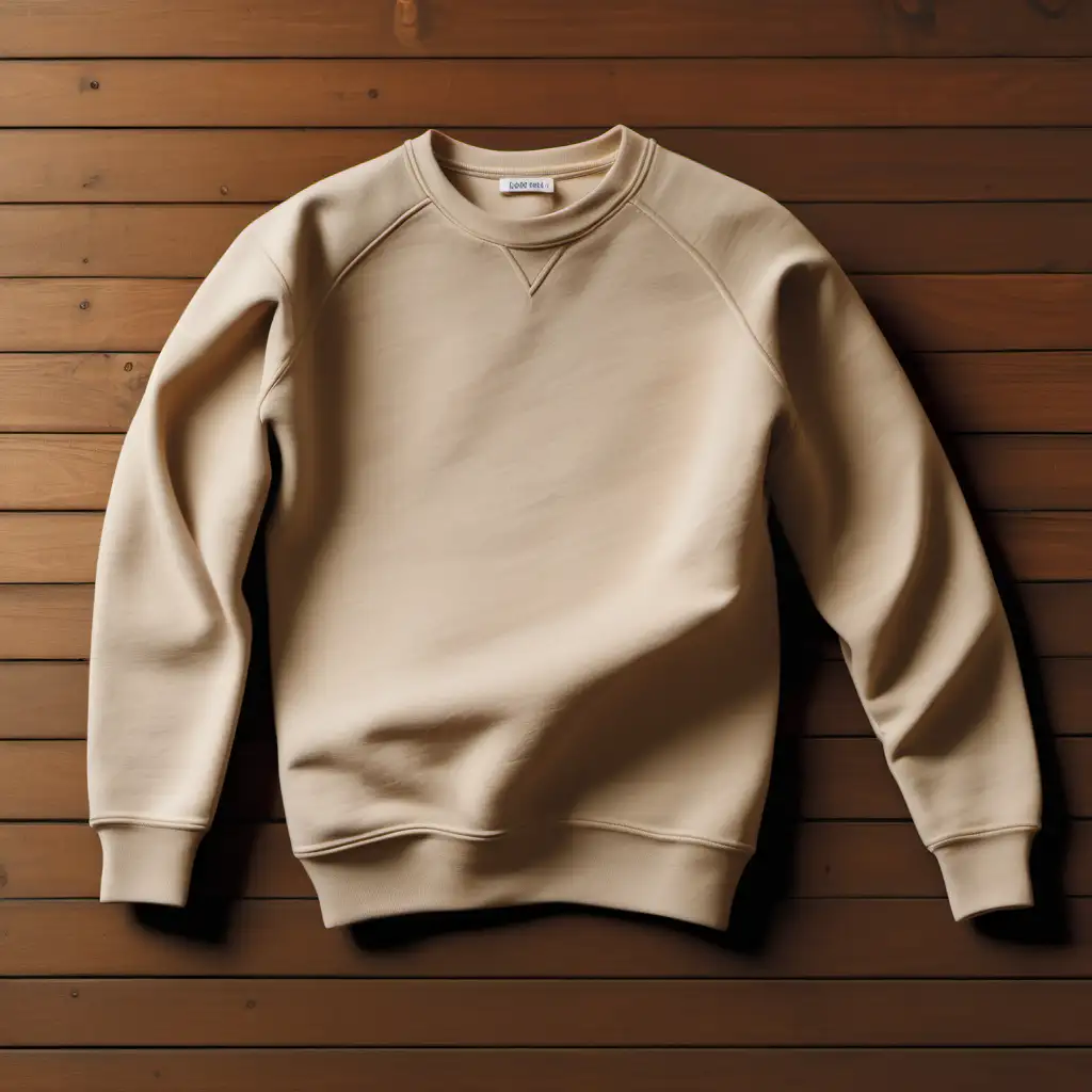 folded beige sweatshirt, on a wooden table, facing the camera