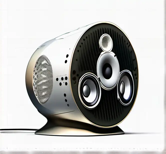 industrial design of one speaker, with 1 woofer hidden behind 3 round tweeters, realistic design, home speaker, no foothold