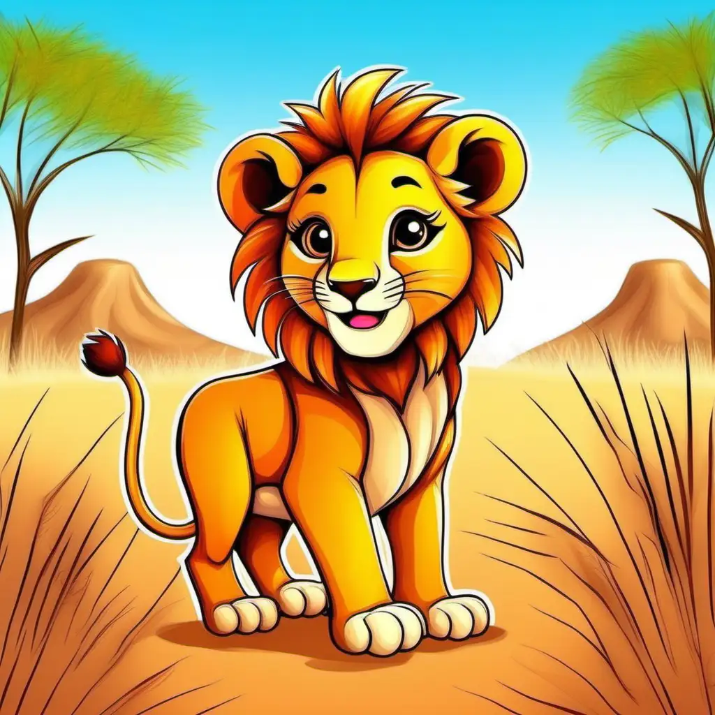 Cheerful Baby Lion Amid Vibrant African Savannah Childrens Drawing