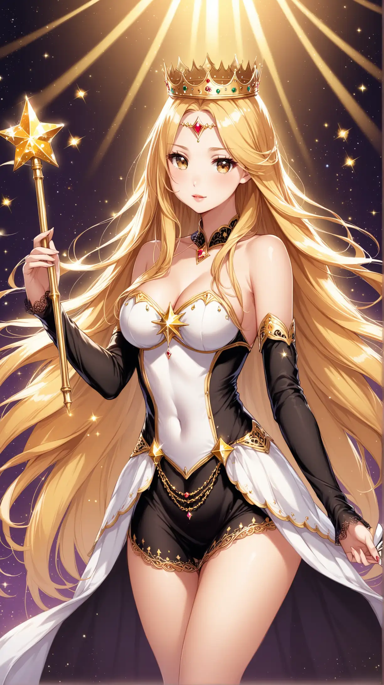 Sexy women wear a queen crown and carry wand, angel costume, playful, blond long hair,light brown eye, black short sexy dress, fantastic background .