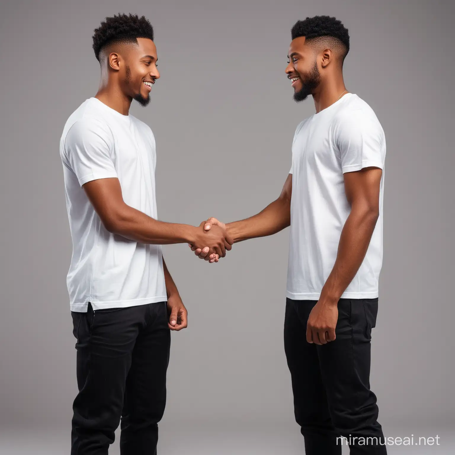 Focused black young guys facing each other , shaking their hands , they are putting on white t-shirt and black pants , standing on a grey background