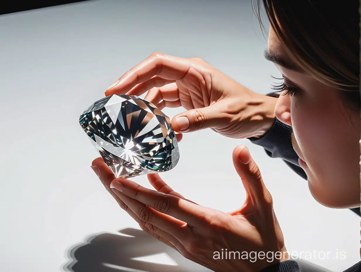 A Person examining the large diamond stone.