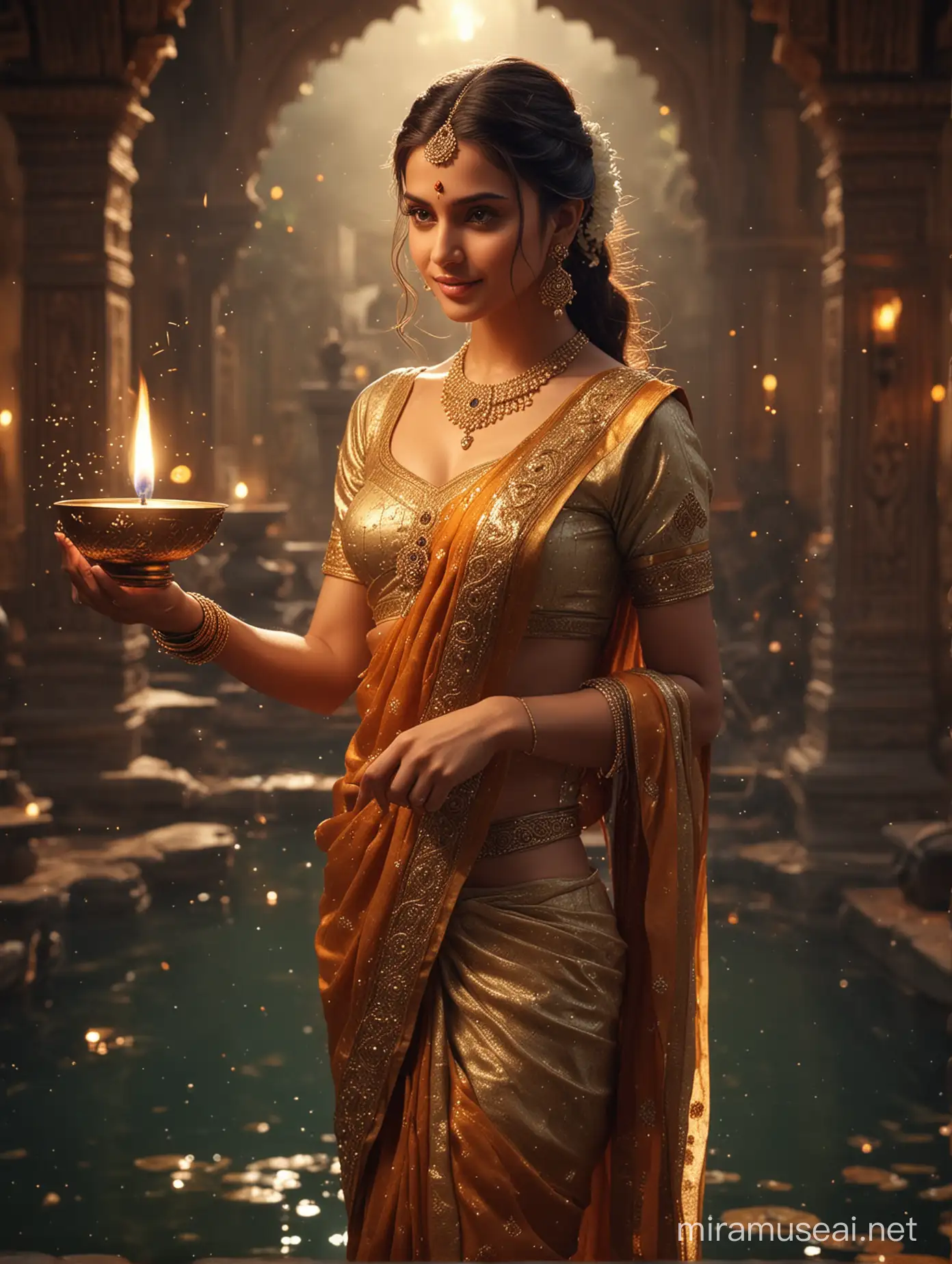 Diwali celebrations with oil lamps diyas oil and fireworks. Beautiful picture, ancient costume beauty,  the most beautiful CG, water tender, water, pour city, beautiful, beauty, beauty, Deepika Padukone, meticulous depicting, wearing ancient costume, gorgeous dress, dignified appearance,  background ancient Hindu temple, depict golden, detailed characterization, crystal, ball hair, delicate characterization eyes, whole body, high-definition, ornaments, highlight effects, full backlight, depth detailed characterization features stereo, detailed depict eyes, the accurate proportion, the size balance, perfect masterpiece