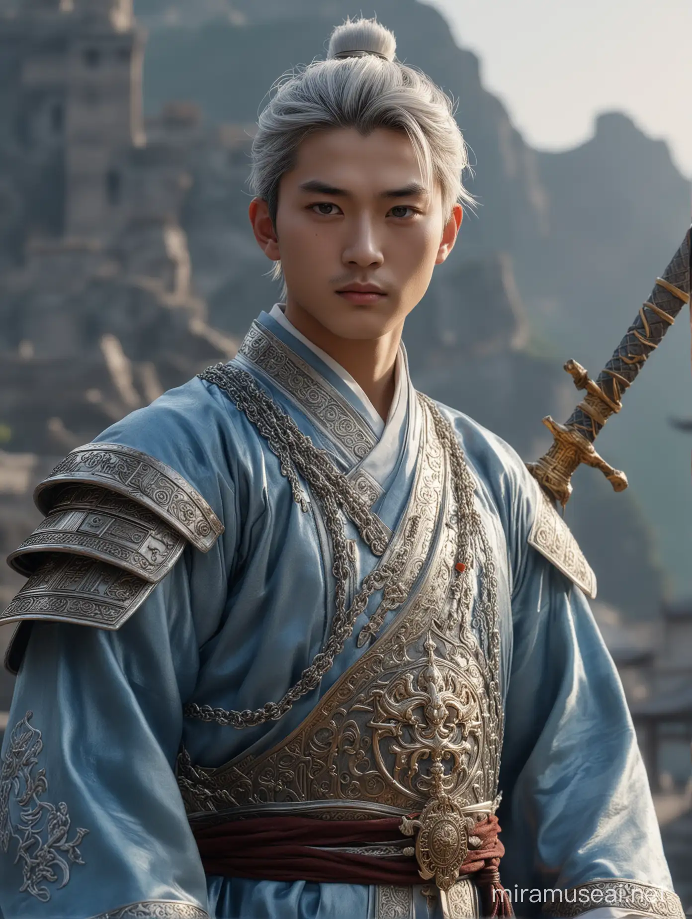 Masterpiece Portrait Handsome 18YearOld Boy Resembling Xin from Kingdom Clad in Emperor Silk Garb Wielding Excalibur in Ancient Kingdom Setting