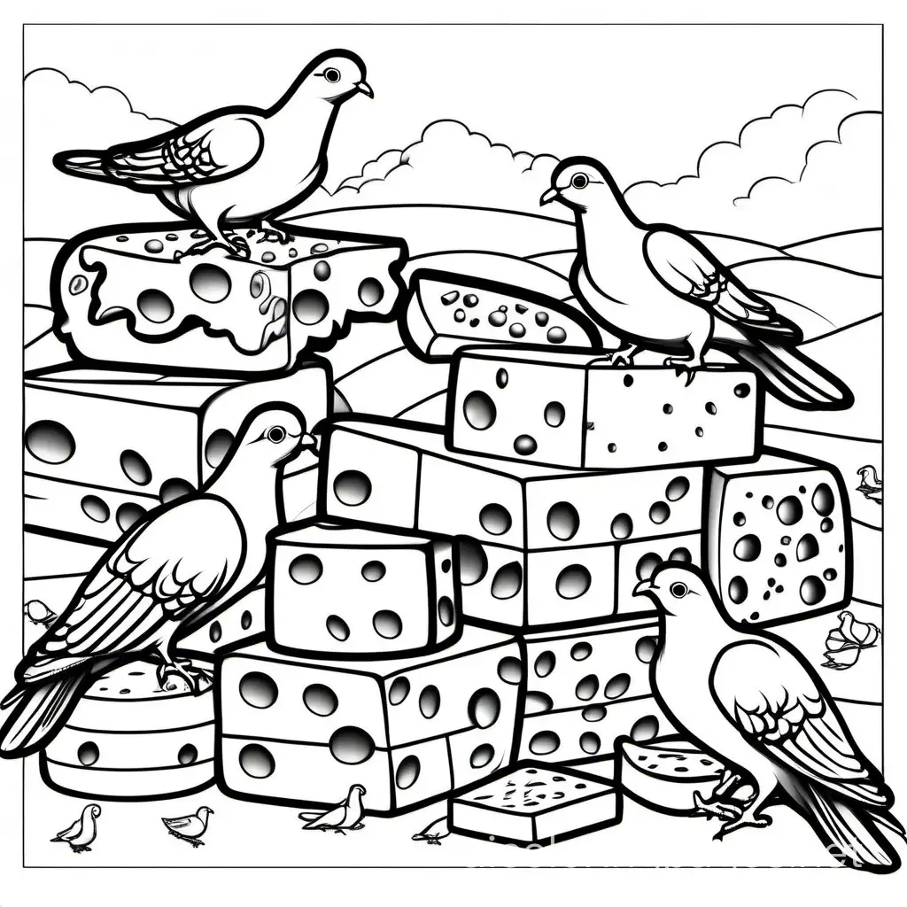PIgeons eating all kinds of cheeses 



, Coloring Page, black and white, line art, white background, Simplicity, Ample White Space. The background of the coloring page is plain white to make it easy for young children to color within the lines. The outlines of all the subjects are easy to distinguish, making it simple for kids to color without too much difficulty