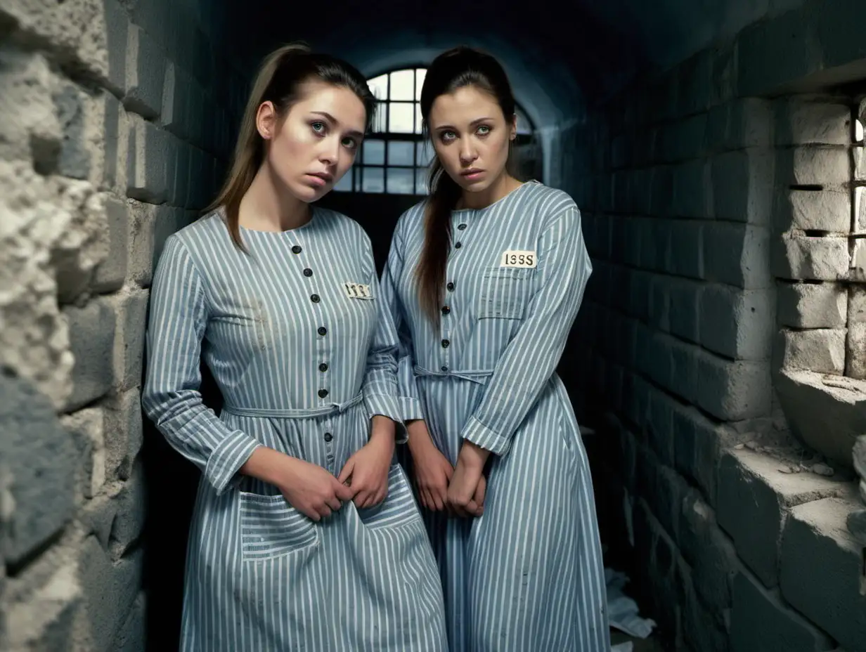 Two of busty prisoner woman (25 years old, same dress) stand (far from each other) in a prison cell (Stone walls, small window) in dirty ragged blue-white striped longsleeve midi-length buttoned gowndress (collarless, roundneck, a "438" label on chest pocket, brunette low pony hair, sad and desperate ), look into camera
