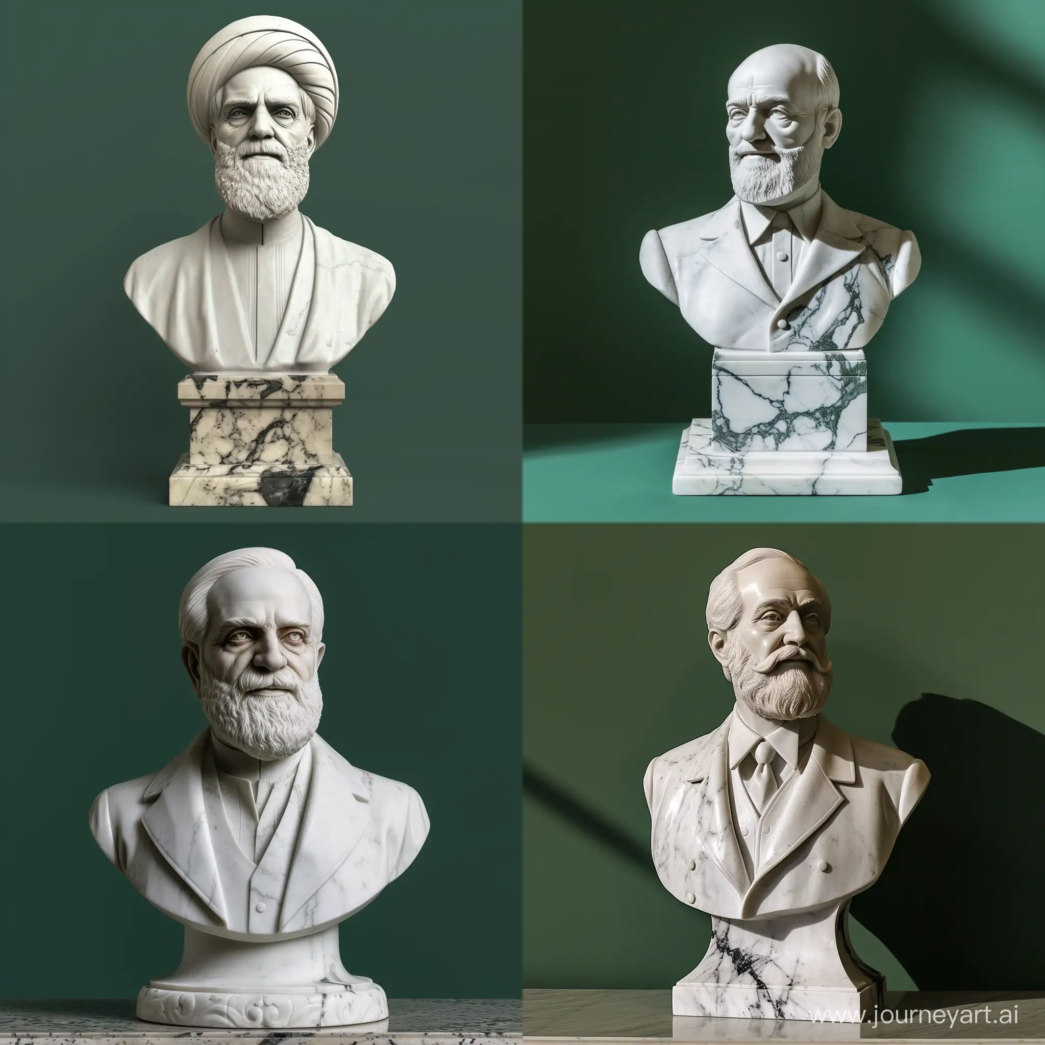 A White marble with black veins Sculpture of Amir Kabir, Prime Minister of Iran the white color , a stone Base, Bust Style, green Background Monochrome without design, shadow and light, Cinematic Pose, Wide Shot, High Precision