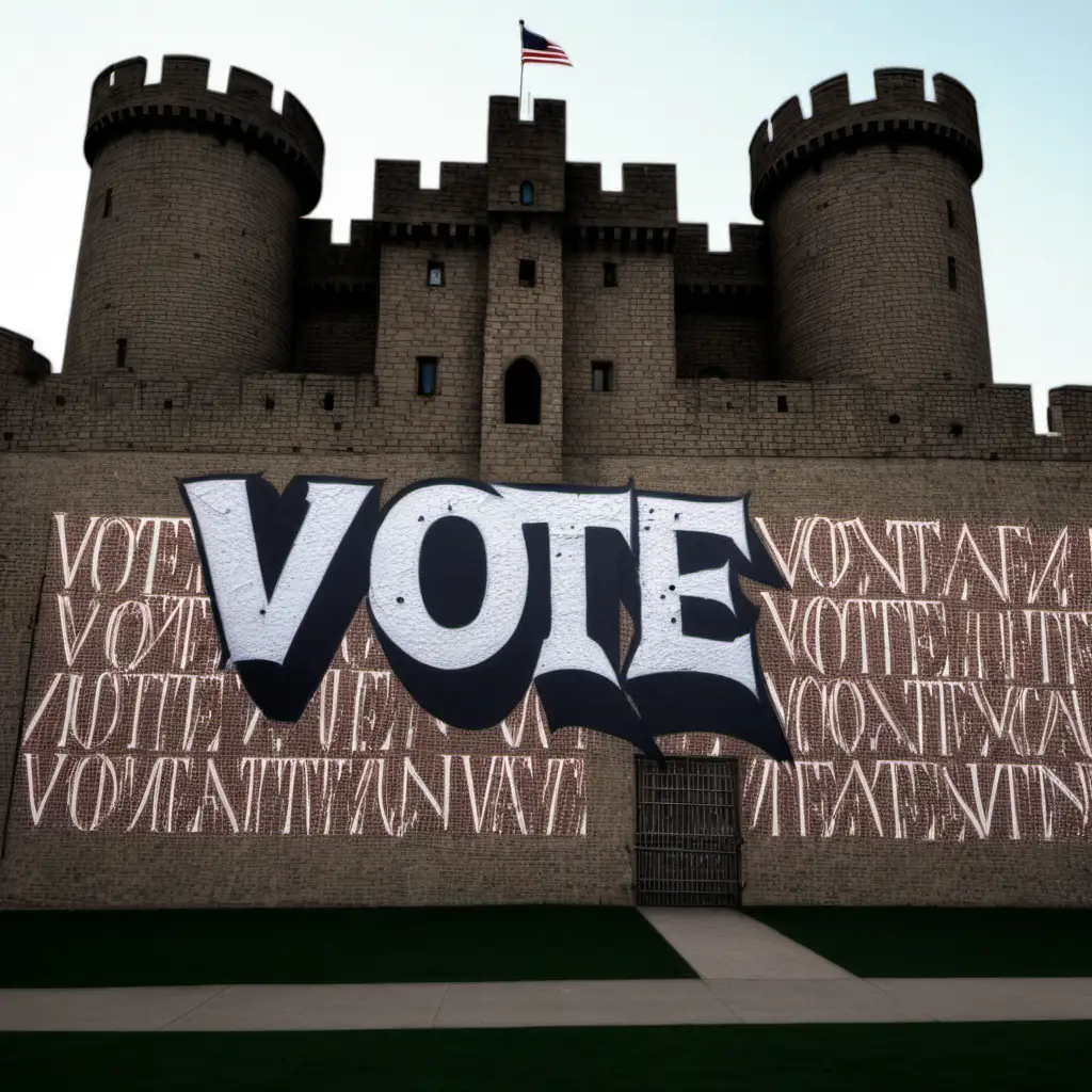 a castle with the outer wall with the word "VOTE" painted all over it.
