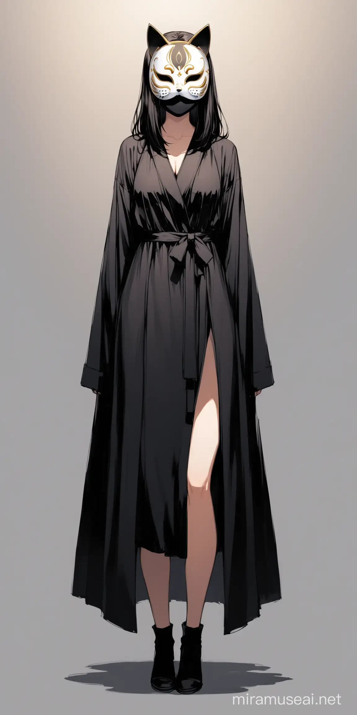 female, cat mask over face, black robe, full body