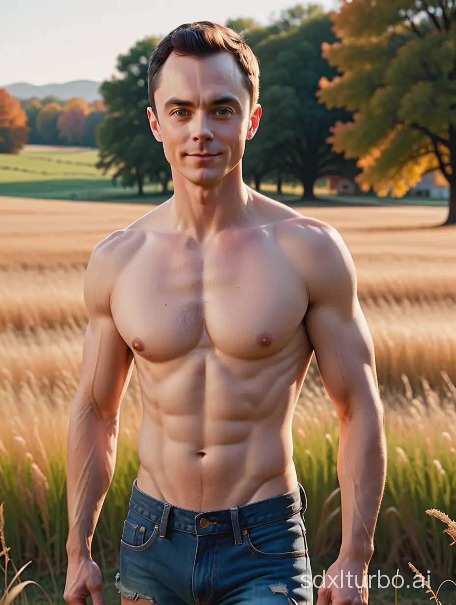 youthful fit and built Adonis-like Jim Parsons, with hairy chest and eight pack abs shirtless in vintage ripped jeans, in a midwestern meadow during fall at sunset, vibrant volumetric lighting on face and eyes, medium upper body shot, 16k, very high quality, very high resolution, 35mm camera, Adonis, nsfw, face and upper body portrait by Bruce Weber,