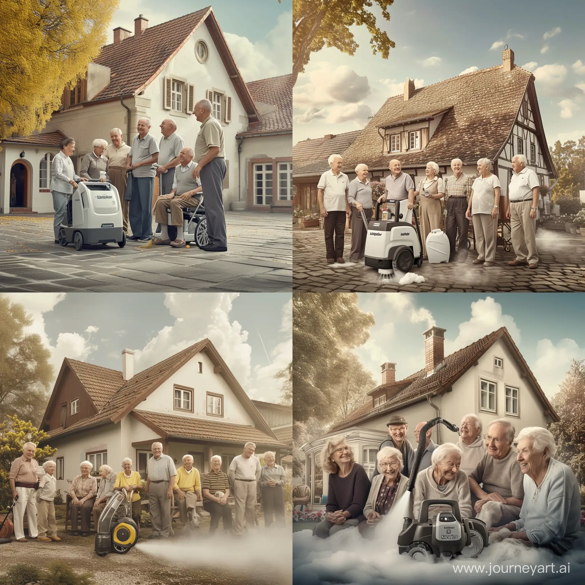 изображением старинного дома, вокруг которого собрались счастливые старики, улыбающиеся и наслаждающиеся чистотой благодаря технике Karcher, которая верно служит им уже на протяжении долгих лет.