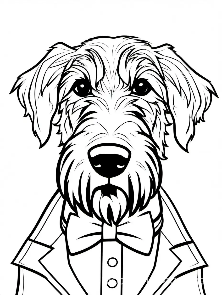 Irish wolfhound wearing a bowtie  for kids, Coloring Page, black and white, line art, white background, Simplicity, Ample White Space. The background of the coloring page is plain white to make it easy for young children to color within the lines. The outlines of all the subjects are easy to distinguish, making it simple for kids to color without too much difficulty