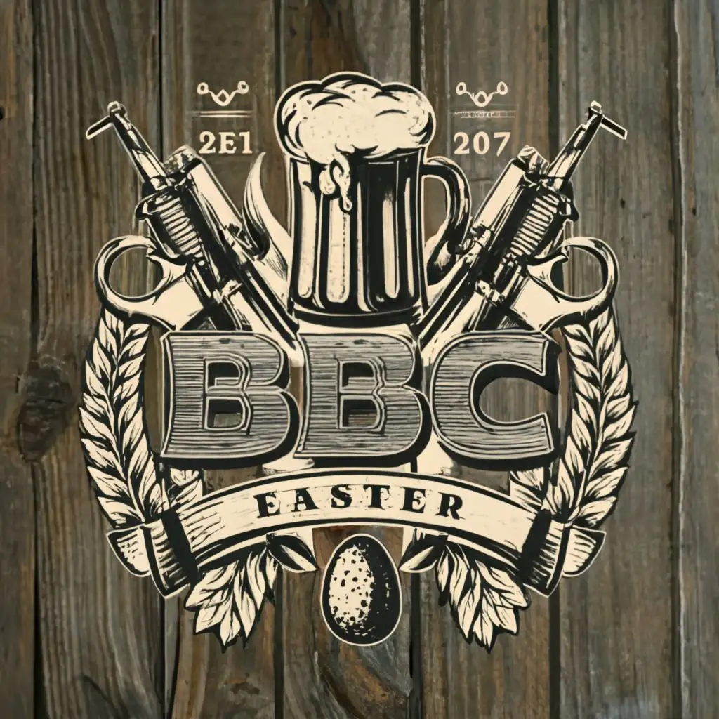 logo, Easter Keg
beer
rustic
guns
, with the text "BBC", typography