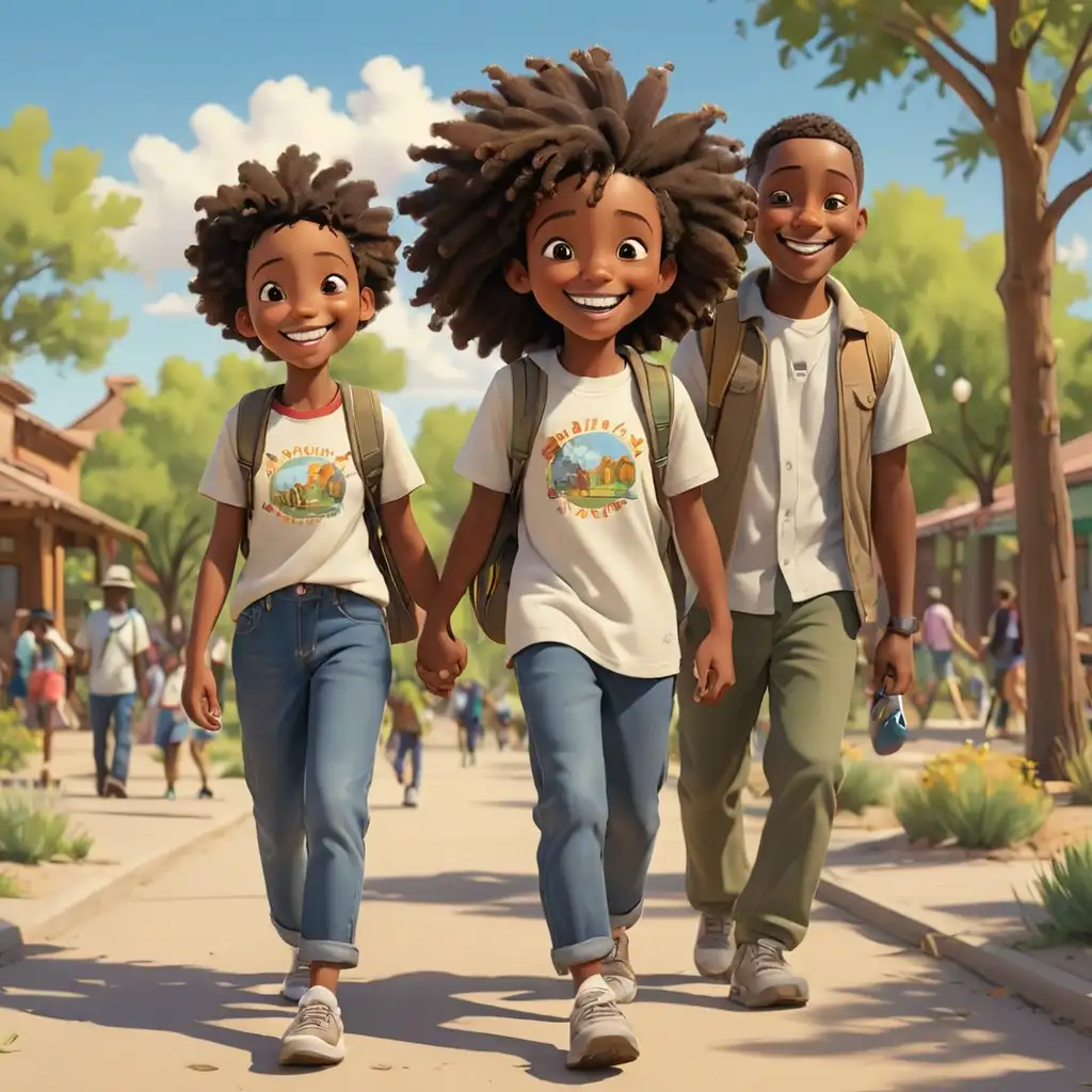 cartoon-style african americans walking to the park smiling in new mexico
