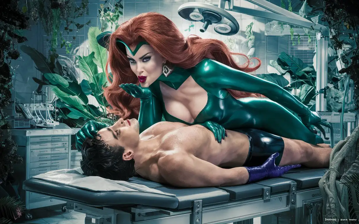 Beautiful botanical laboratory, beautiful busty  Super villainess, long flowing red hair, in green latex leaning over, blowing a kiss, helpless handsome male super hero, lying medical table, Beautiful face, detailed eyes, 