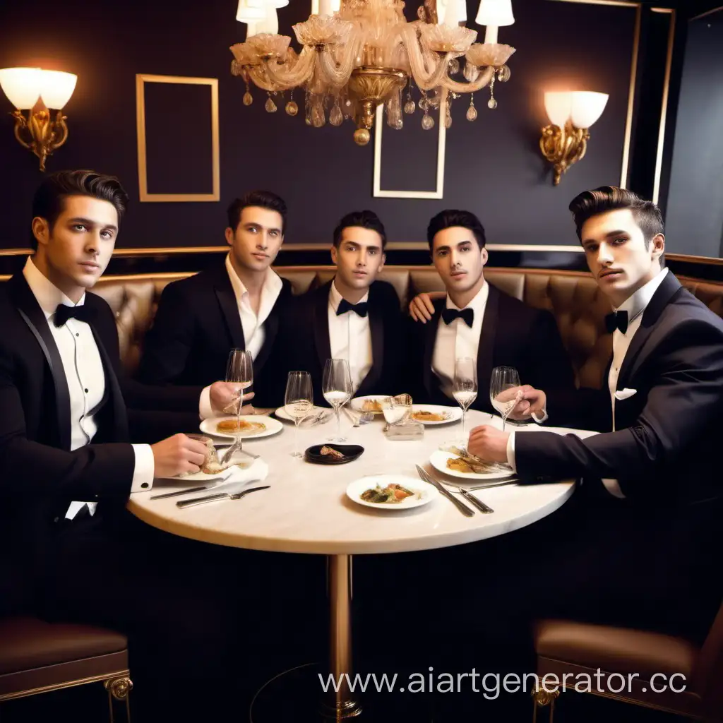 4 best friends, rich, in luxury restaurant, sitting, only mans