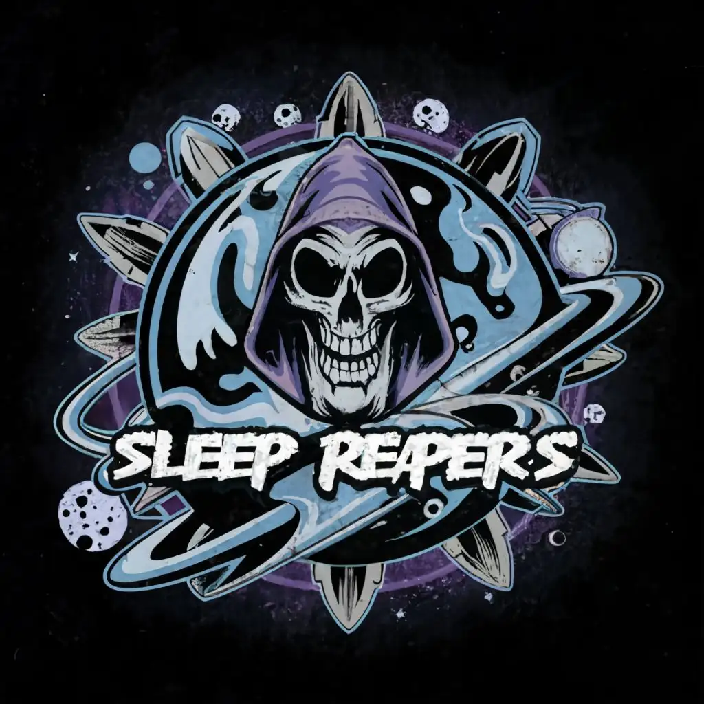 logo, Grim reaper
spaceship
planet
, with the text "Sleep reapers", typography