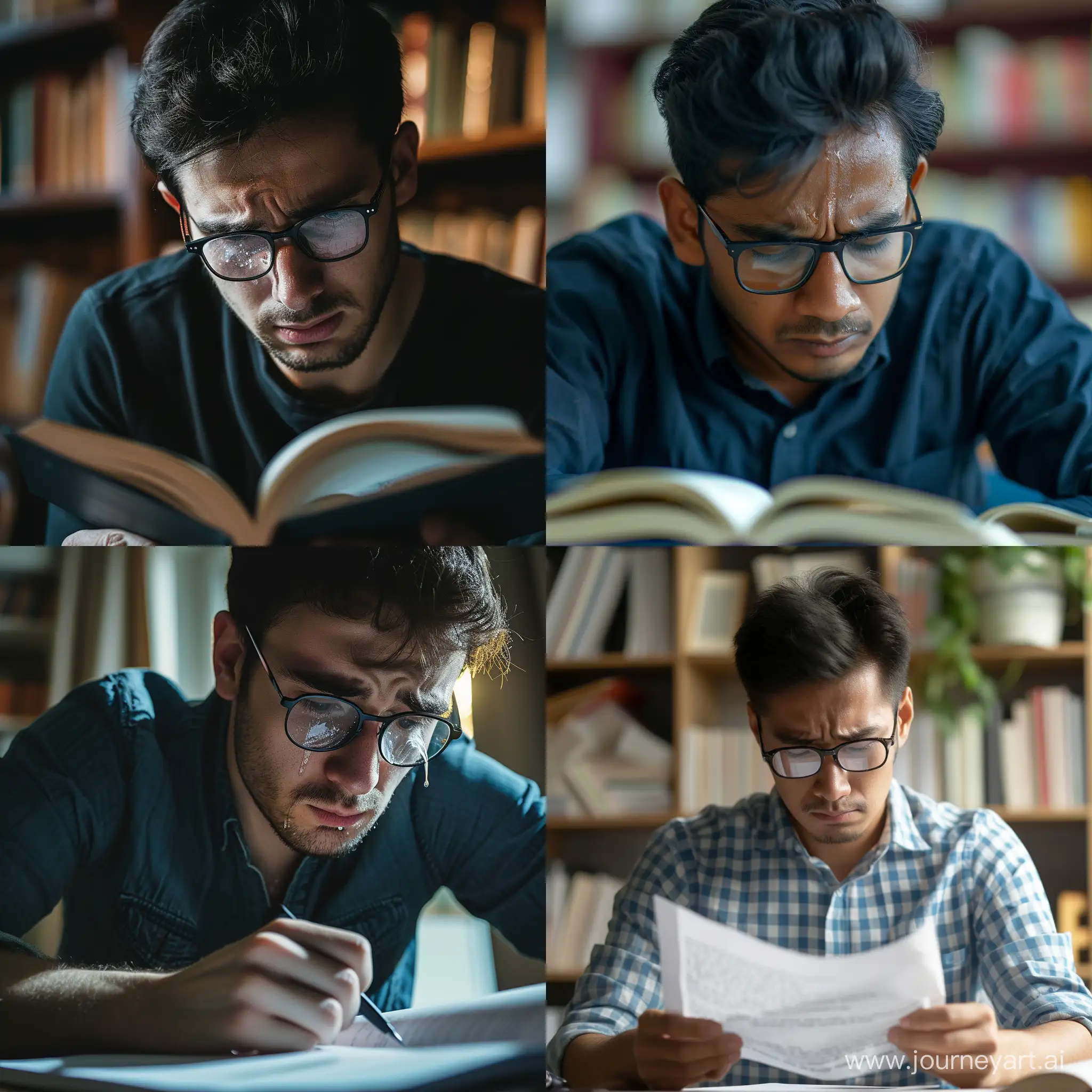 PhD student finishing his dissertation thesis with tears in the eyes