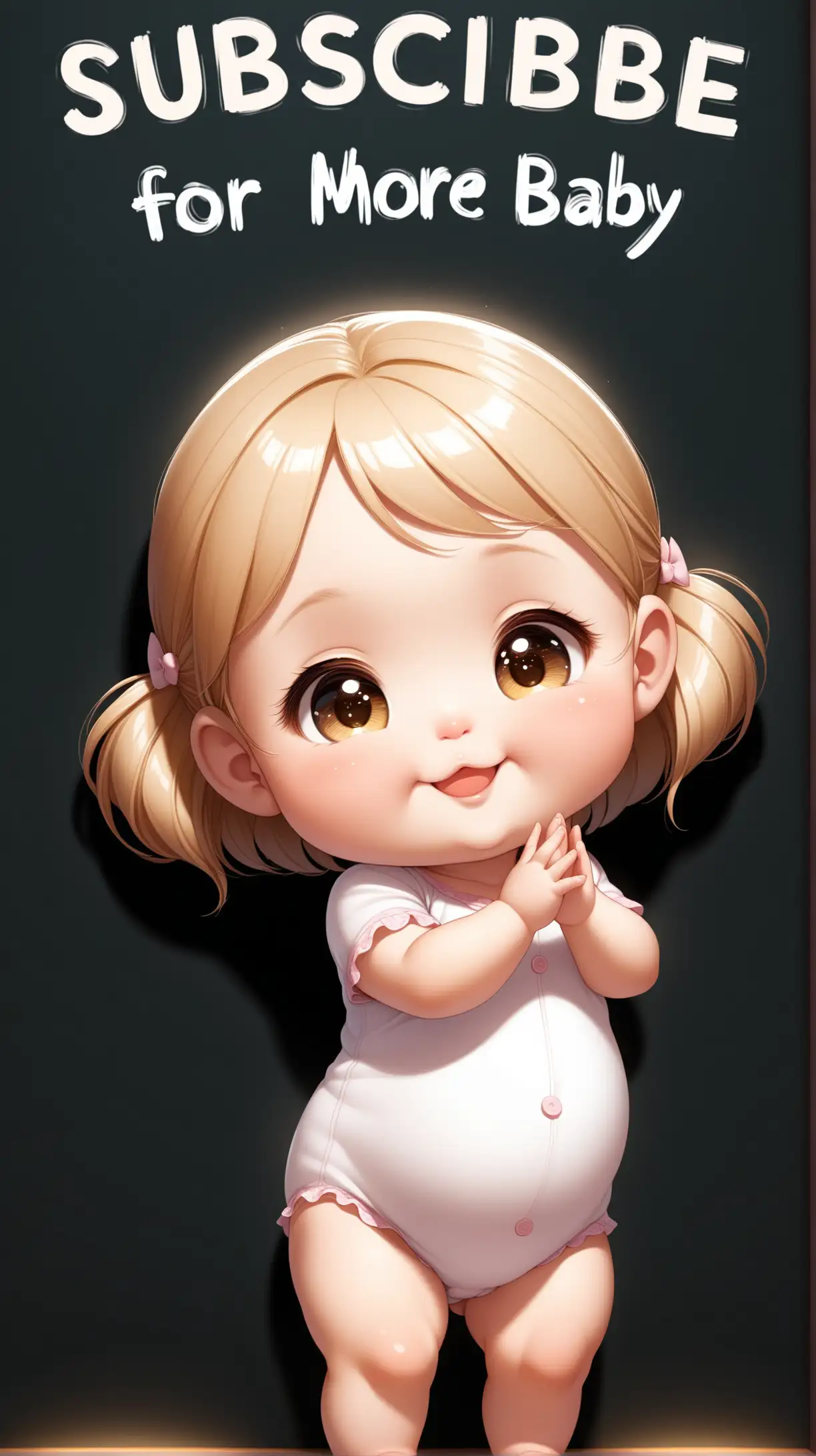 Create a 3D illustrator of an animated scene where a beautiful girl baby with chubby cheeks, beautiful eyes, she is standing with a chalkboard written on "Subscribe for more!" .The chubbier little girl baby is smiling peacefully. Beautiful and dark background illustrations.