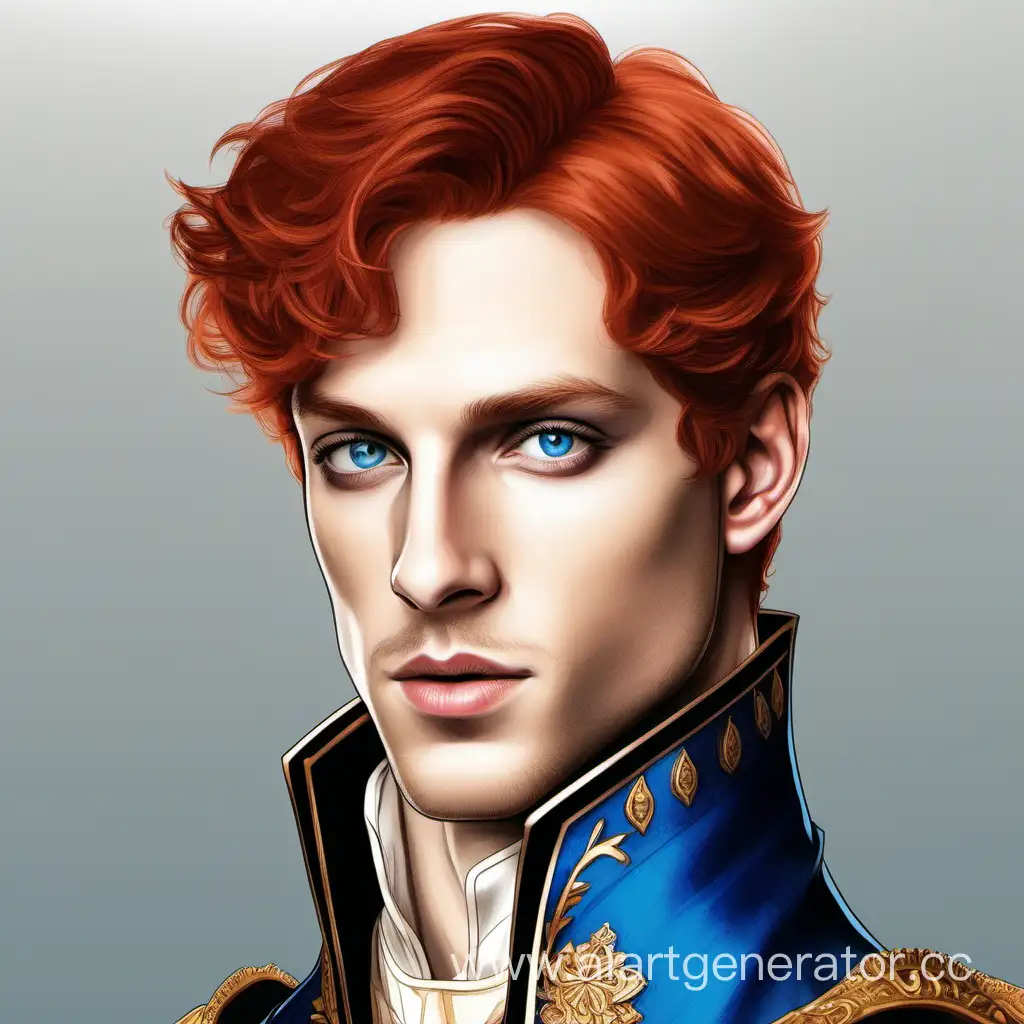 Нарисованный в стиле  реализм  принц с короткими рыжими волосами и голубыми глазами